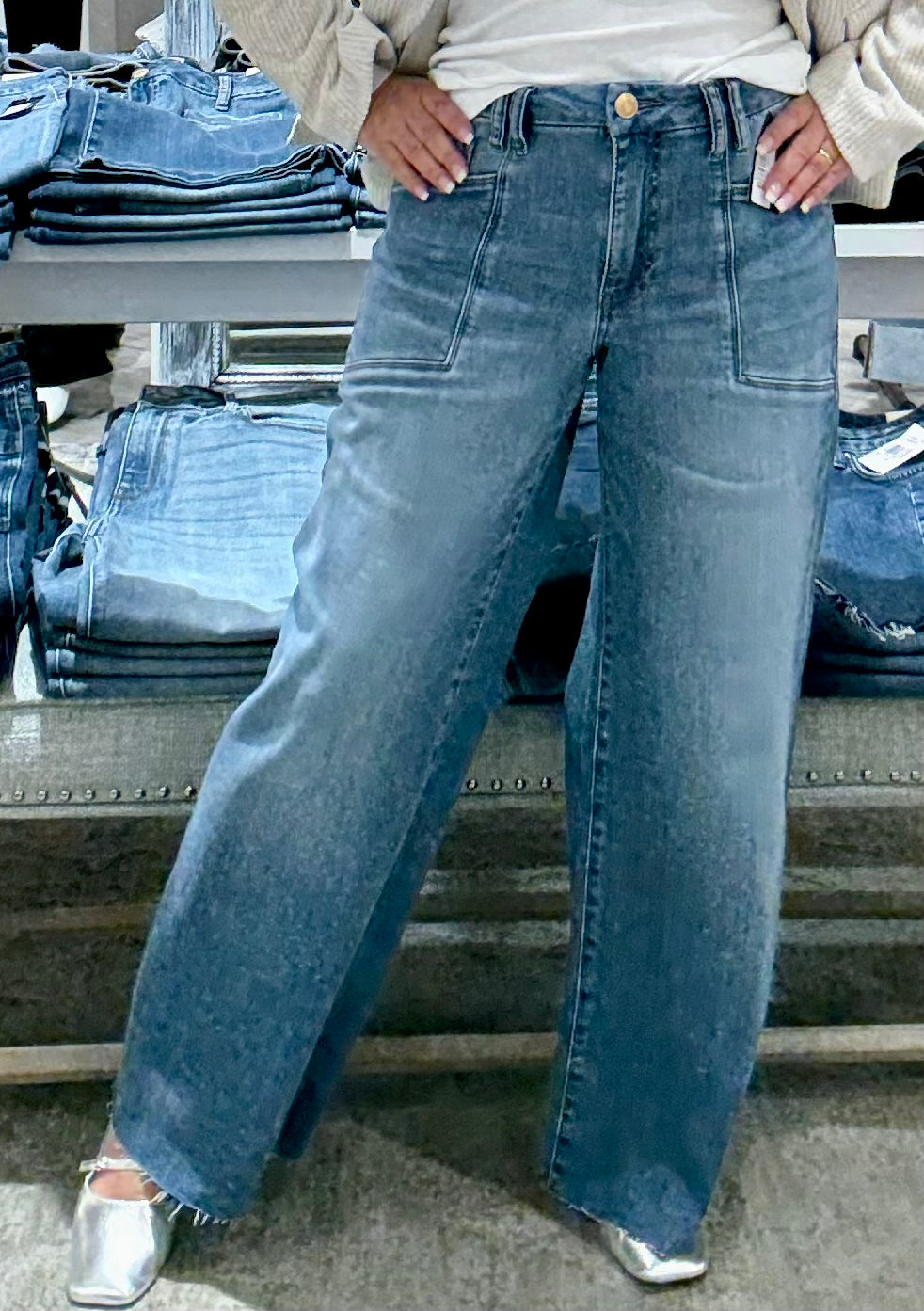 Meg High Rise Wide Leg Denim with Front Pockets and Inset Raw Hem