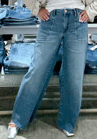 Meg High Rise Wide Leg Denim with Front Pockets and Inset Raw Hem