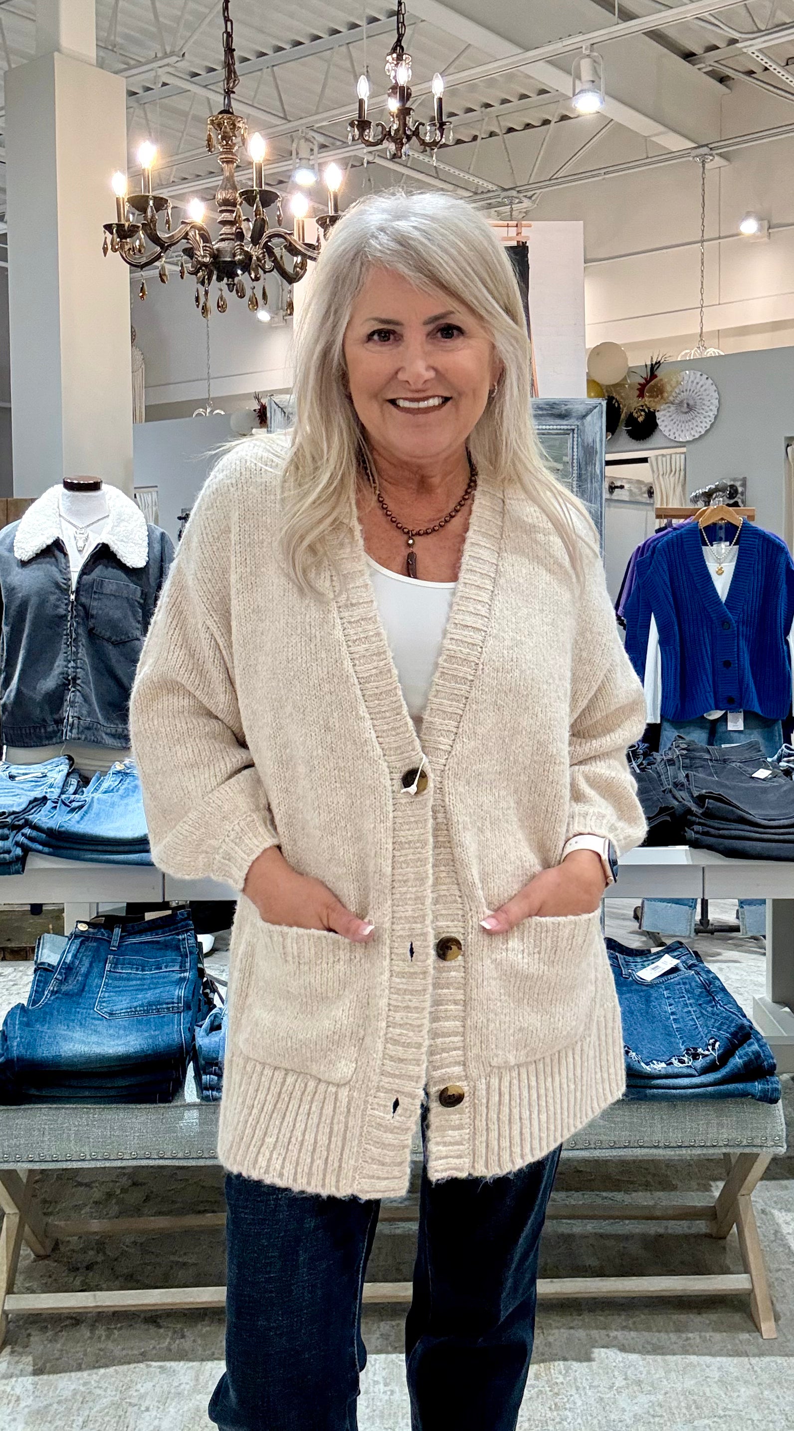 Oversize Puff Sleeve Sweater Cardigan- cream