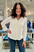 Long Sleeve V-Neck Pullover with Raw Edge- white