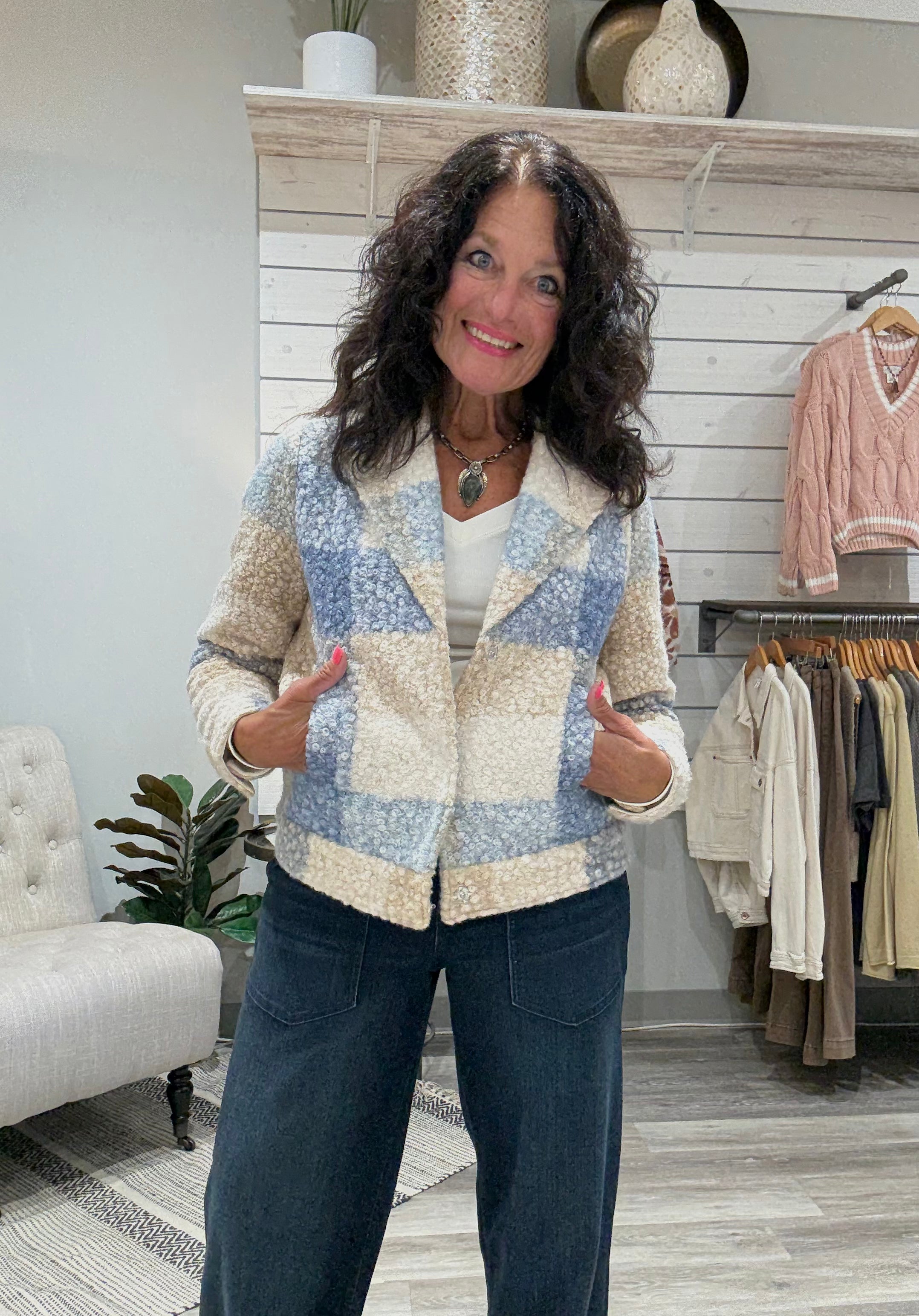 Plaid Bouclé Knit Short Coat
