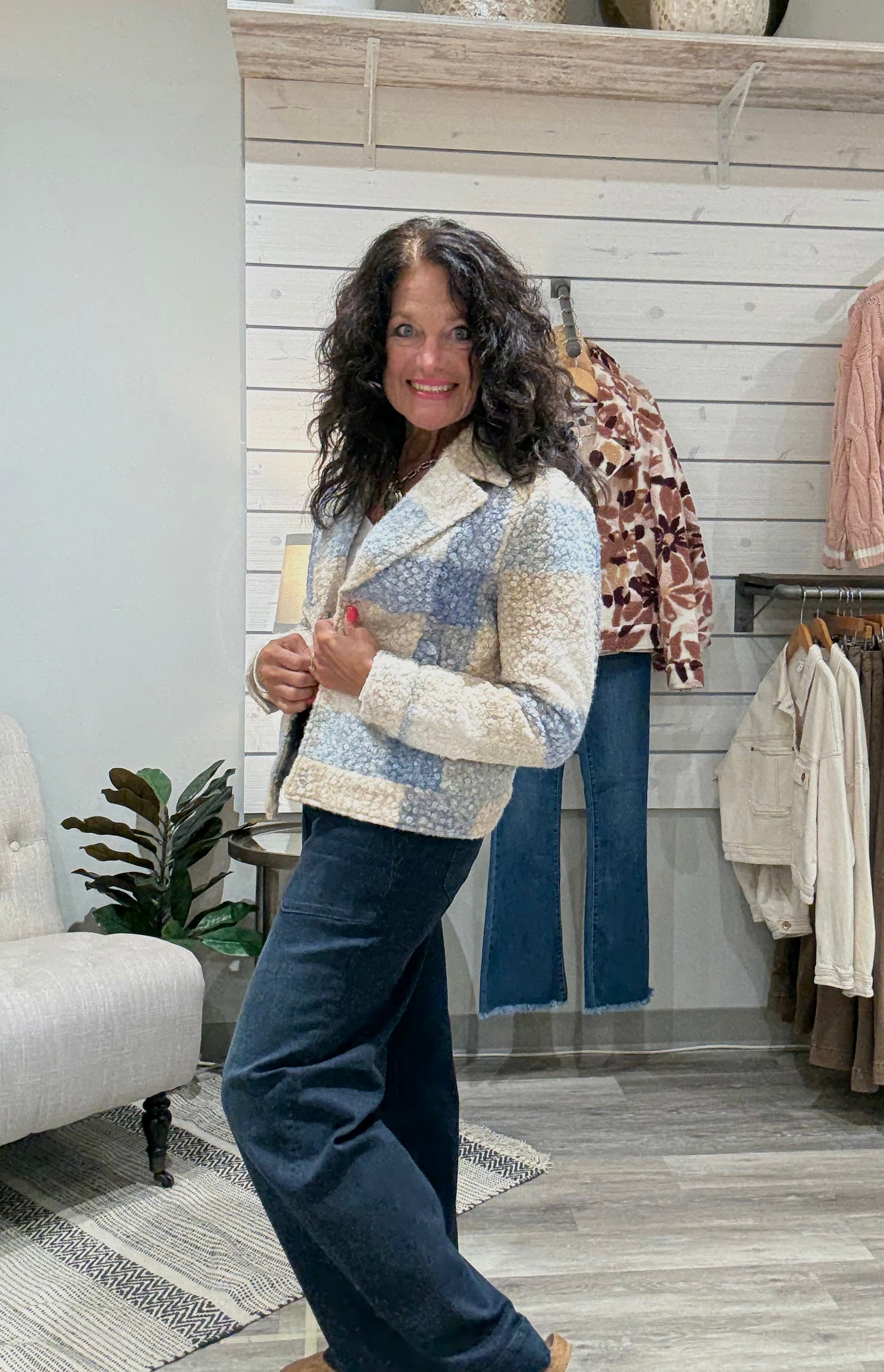 Plaid Bouclé Knit Short Coat