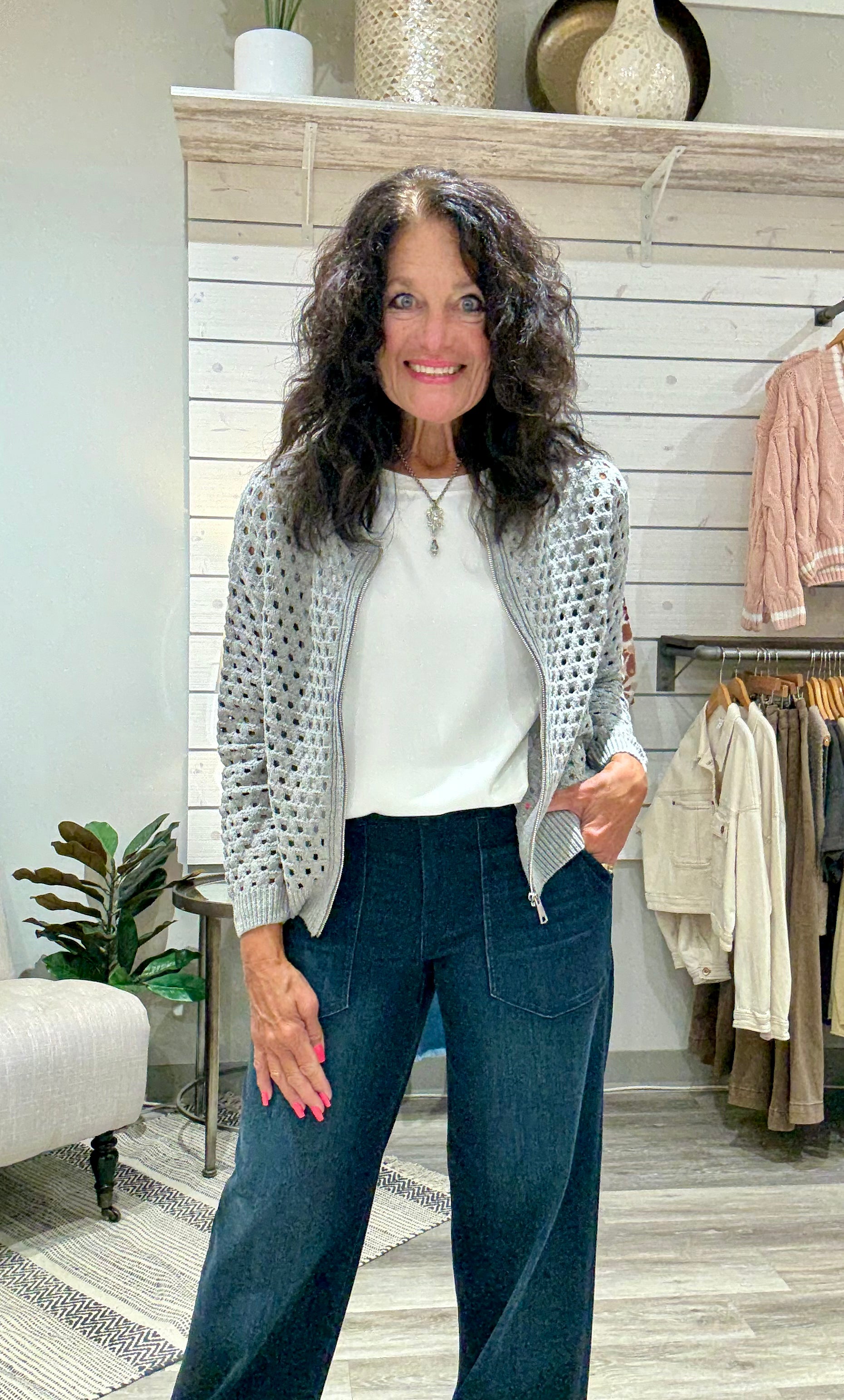 Sweater Zip Up Cardigan- light Grey