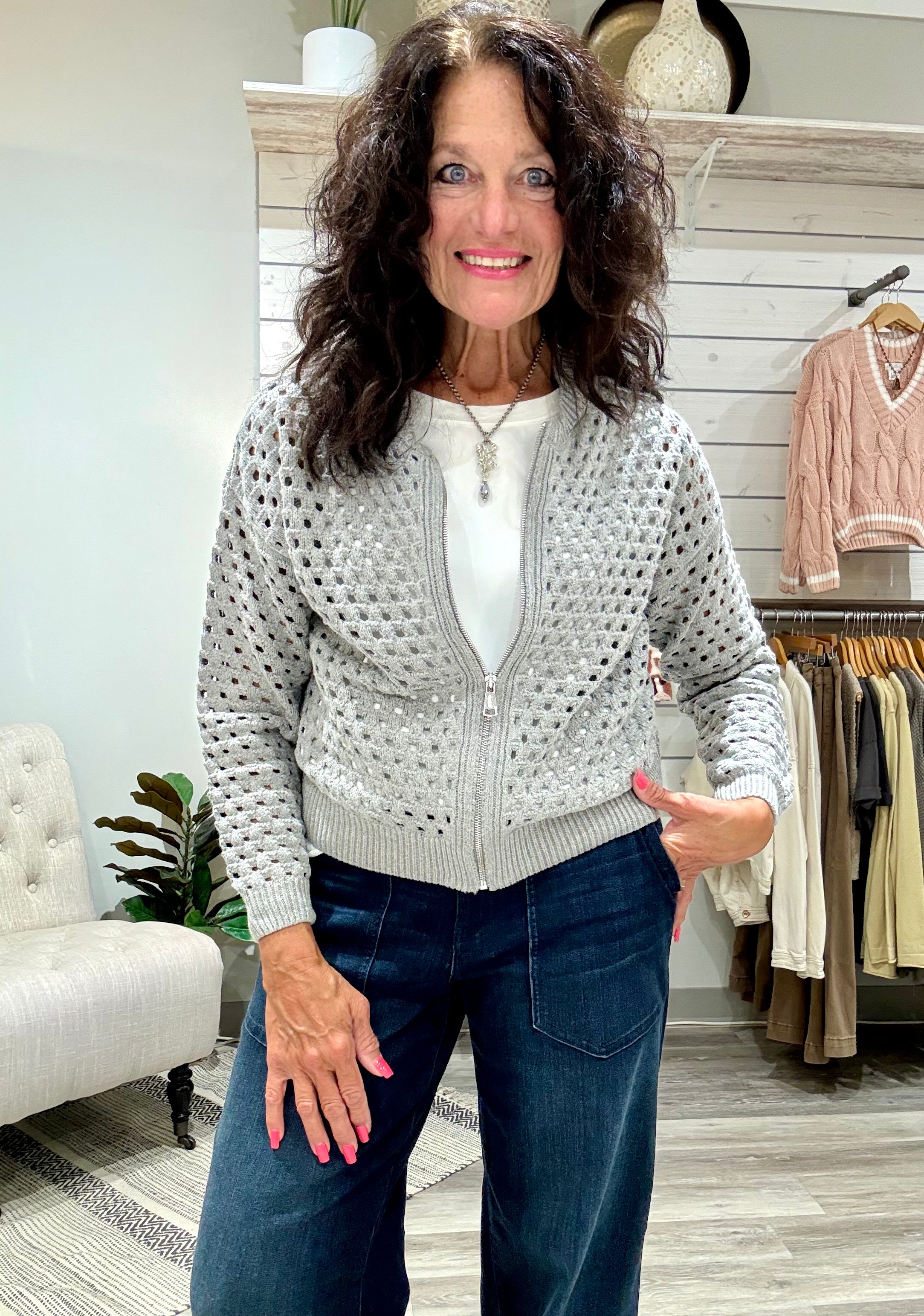 Sweater Zip Up Cardigan- light Grey