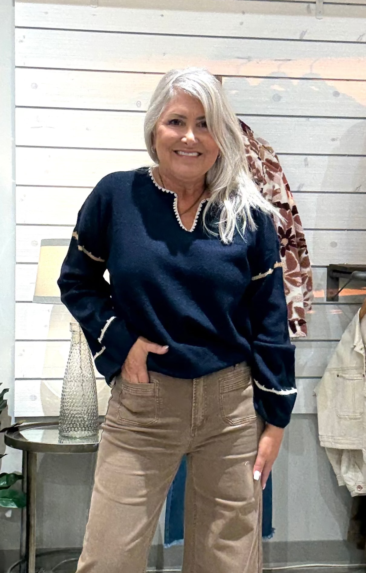 Notched Neck Rib Embroidered Sweater