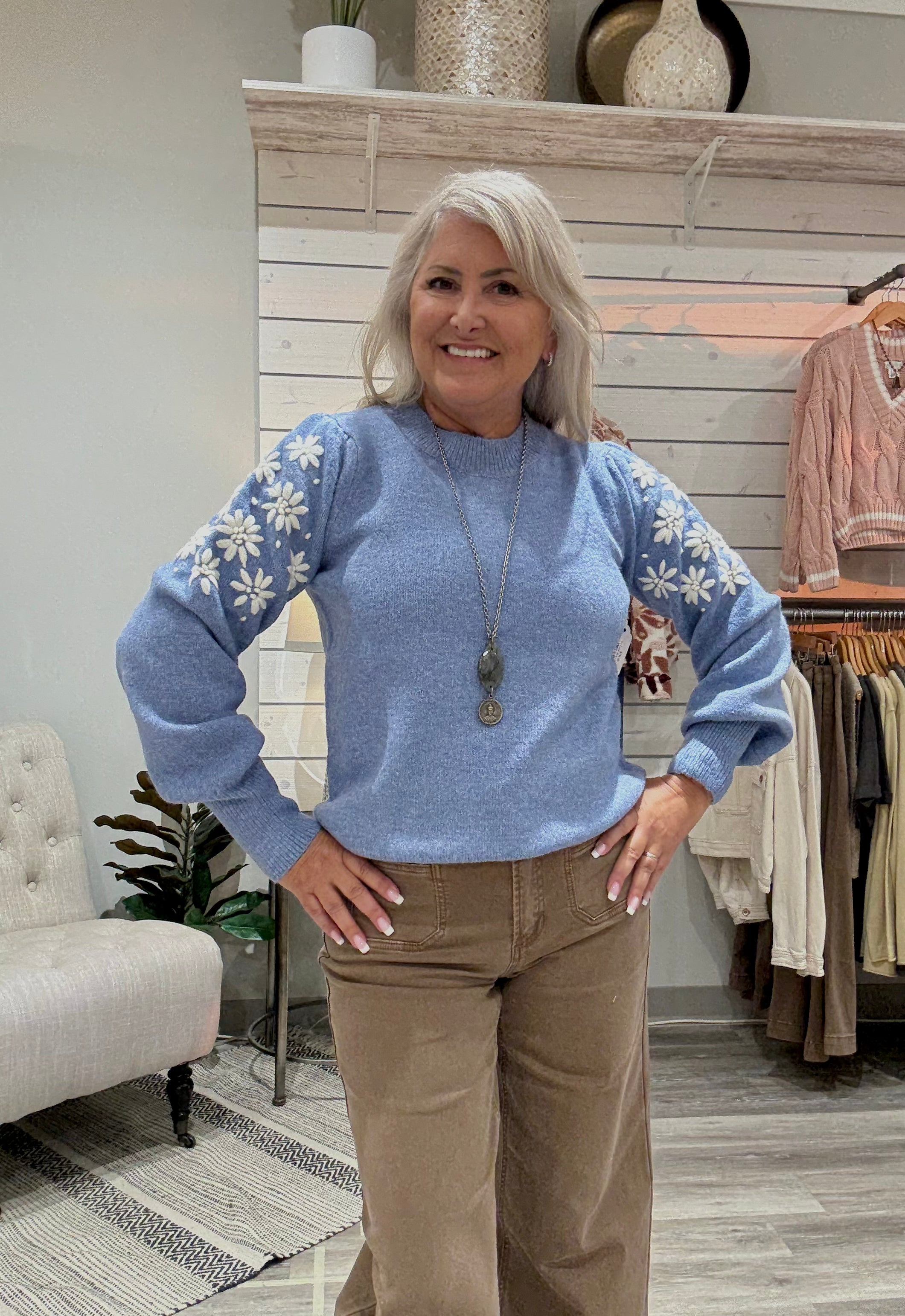 Crew Neck Sweater with Floral Embroidery Detail
