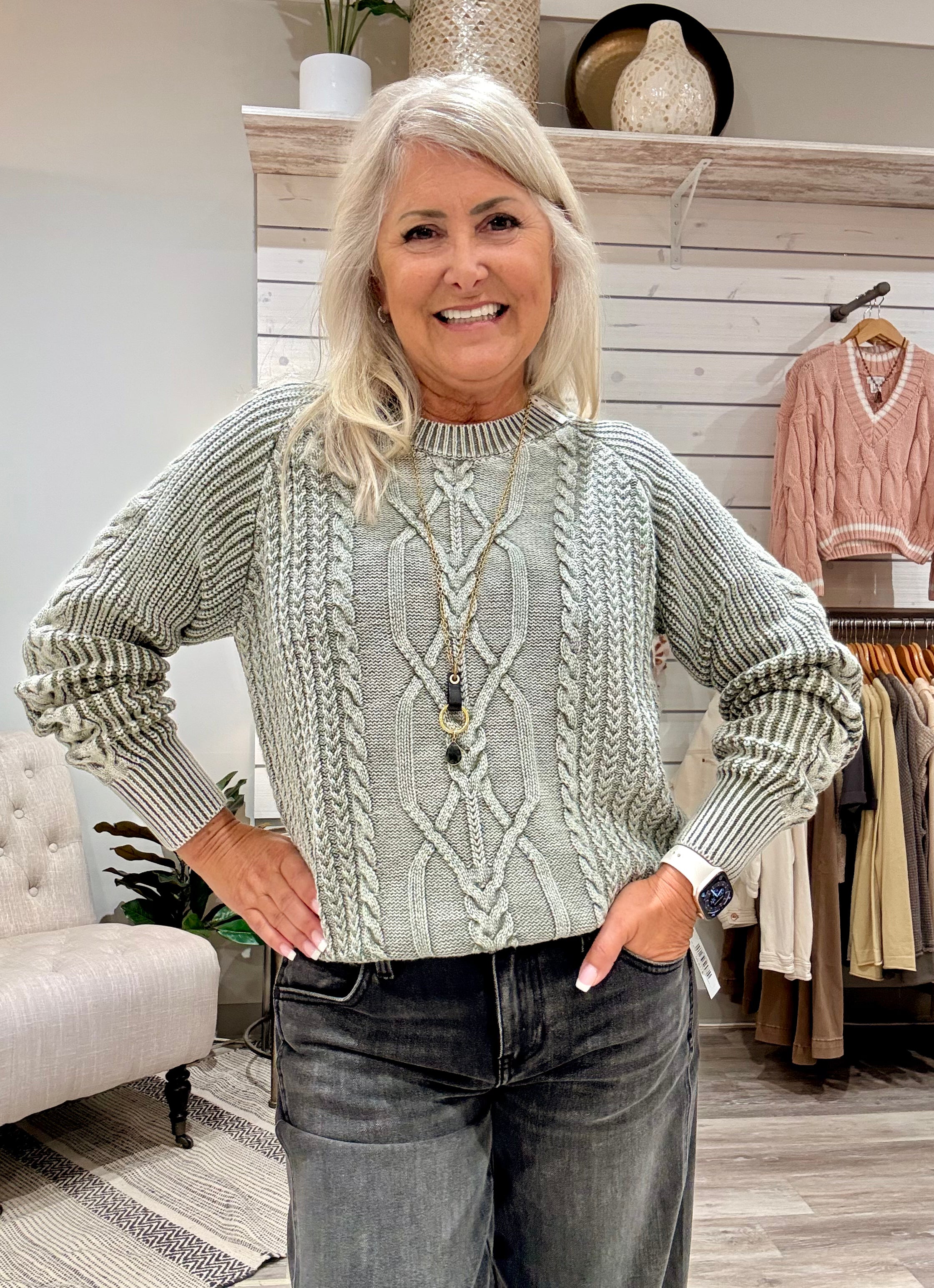 Washed Cable Sweater- sage