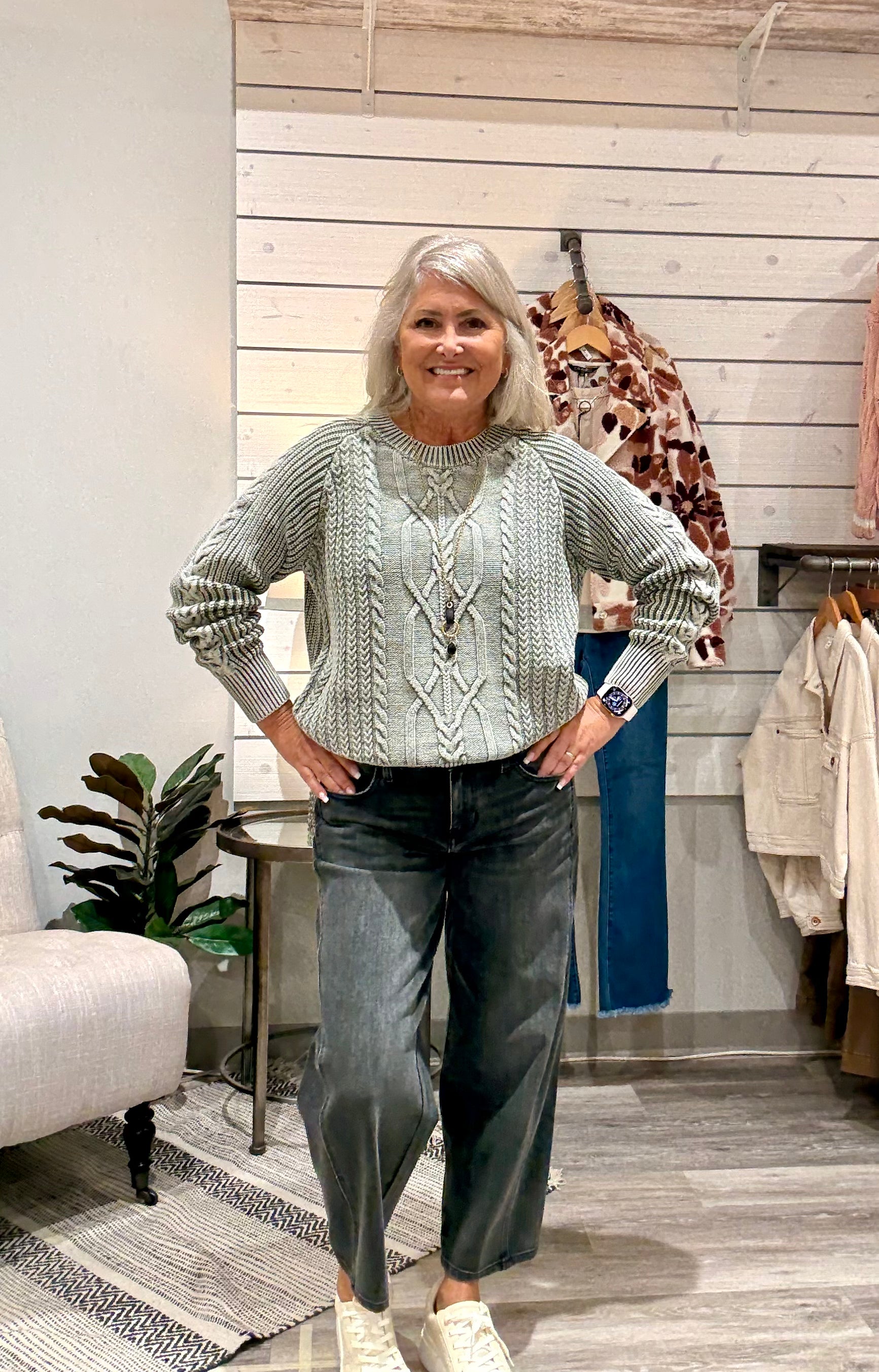 Washed Cable Sweater- sage