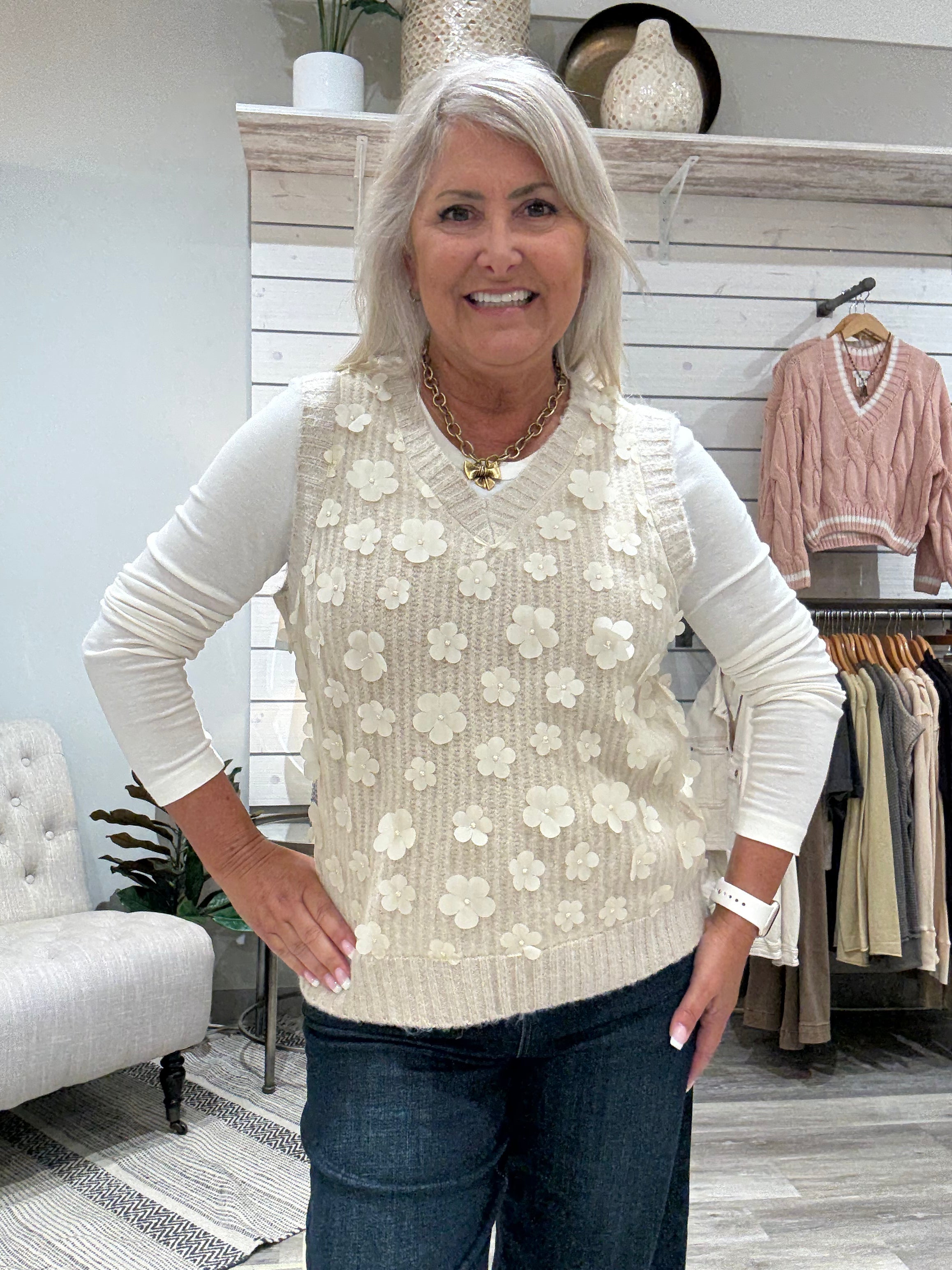 Floral Mesh V-Neck Sweater Vest