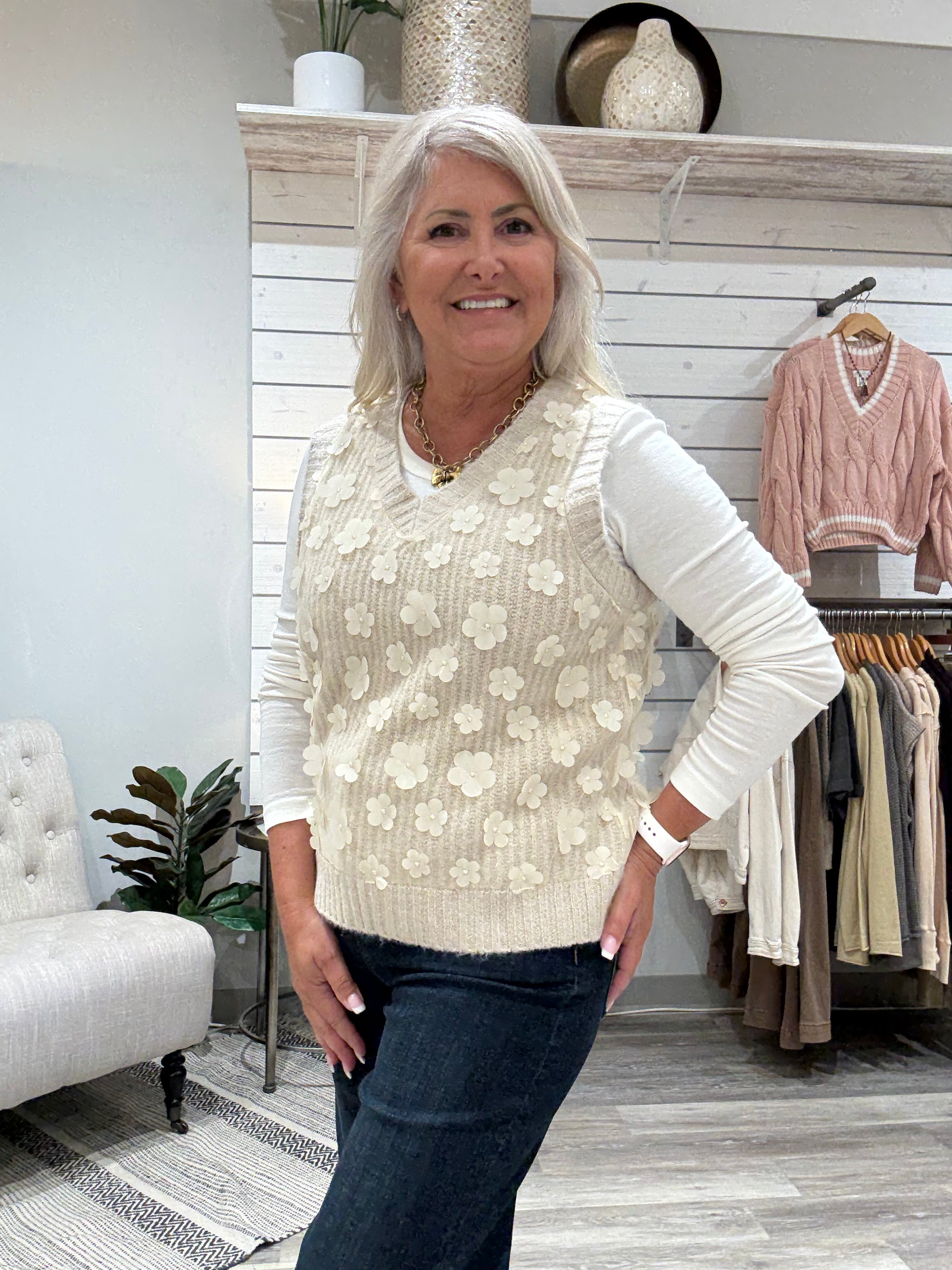 Floral Mesh V-Neck Sweater Vest