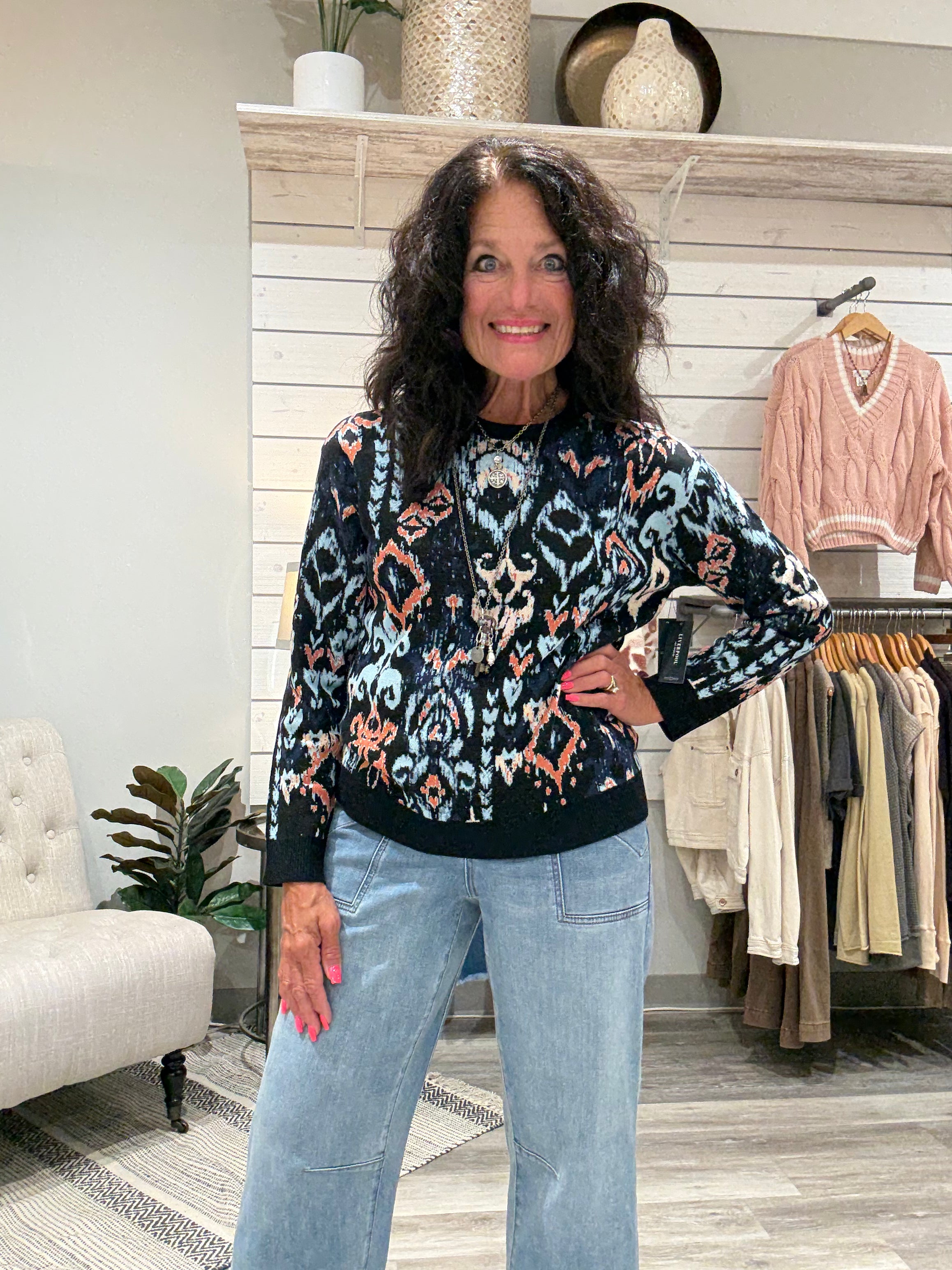 Long Sleeve Crew Neck Dropped Shoulder Jacquard Sweater