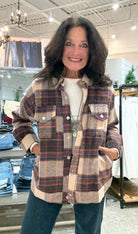Loose Fit Snap Button Plaid Jacket with Pockets-cocoa