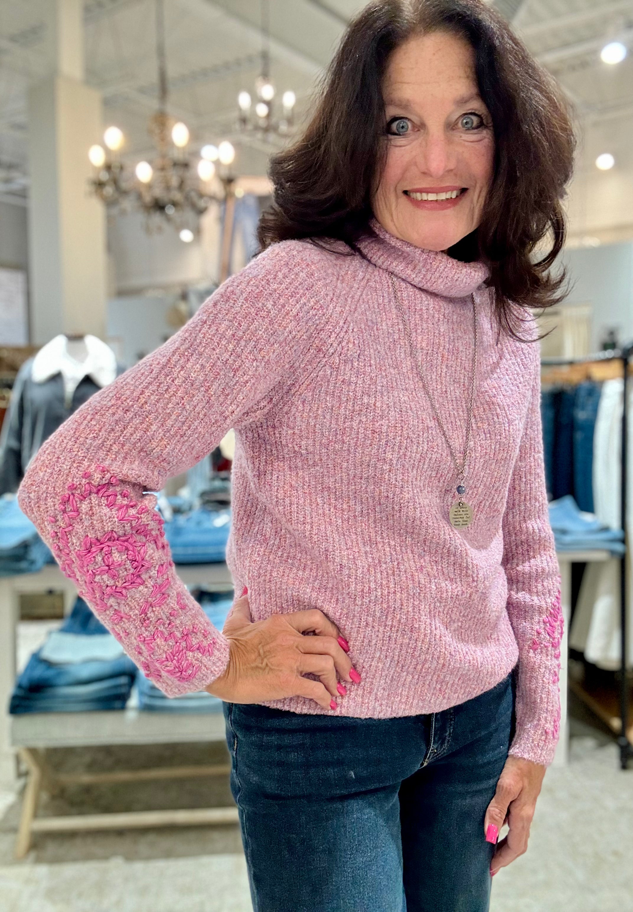 Long Sleeve Turtle Neck Sweater with Embroidery Detail