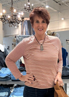 Long Sleeve Crew Neck Stripe Knit Top with Seaming Detail