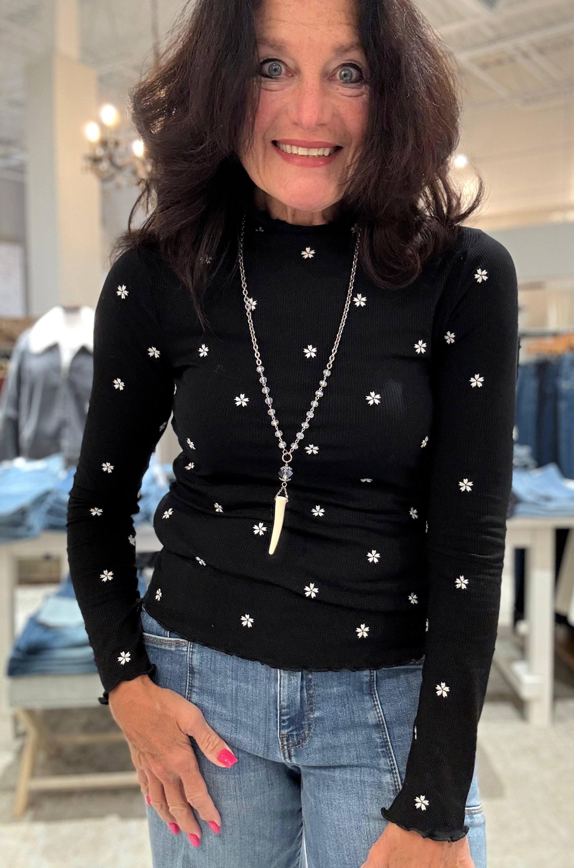 Long Sleeve Dainty Floral Top with Ruffle Neck