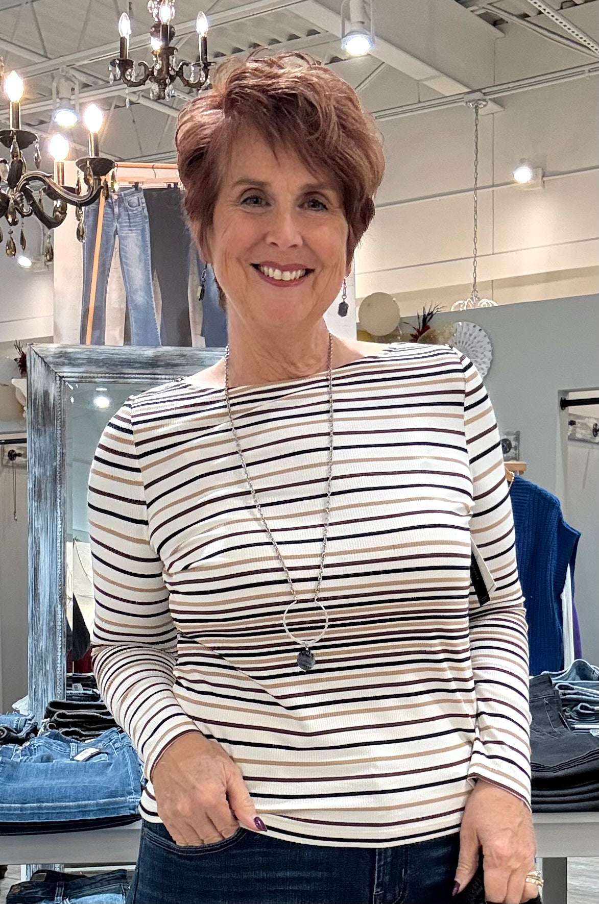 Long leave Boat Neck Stripe Knit Top