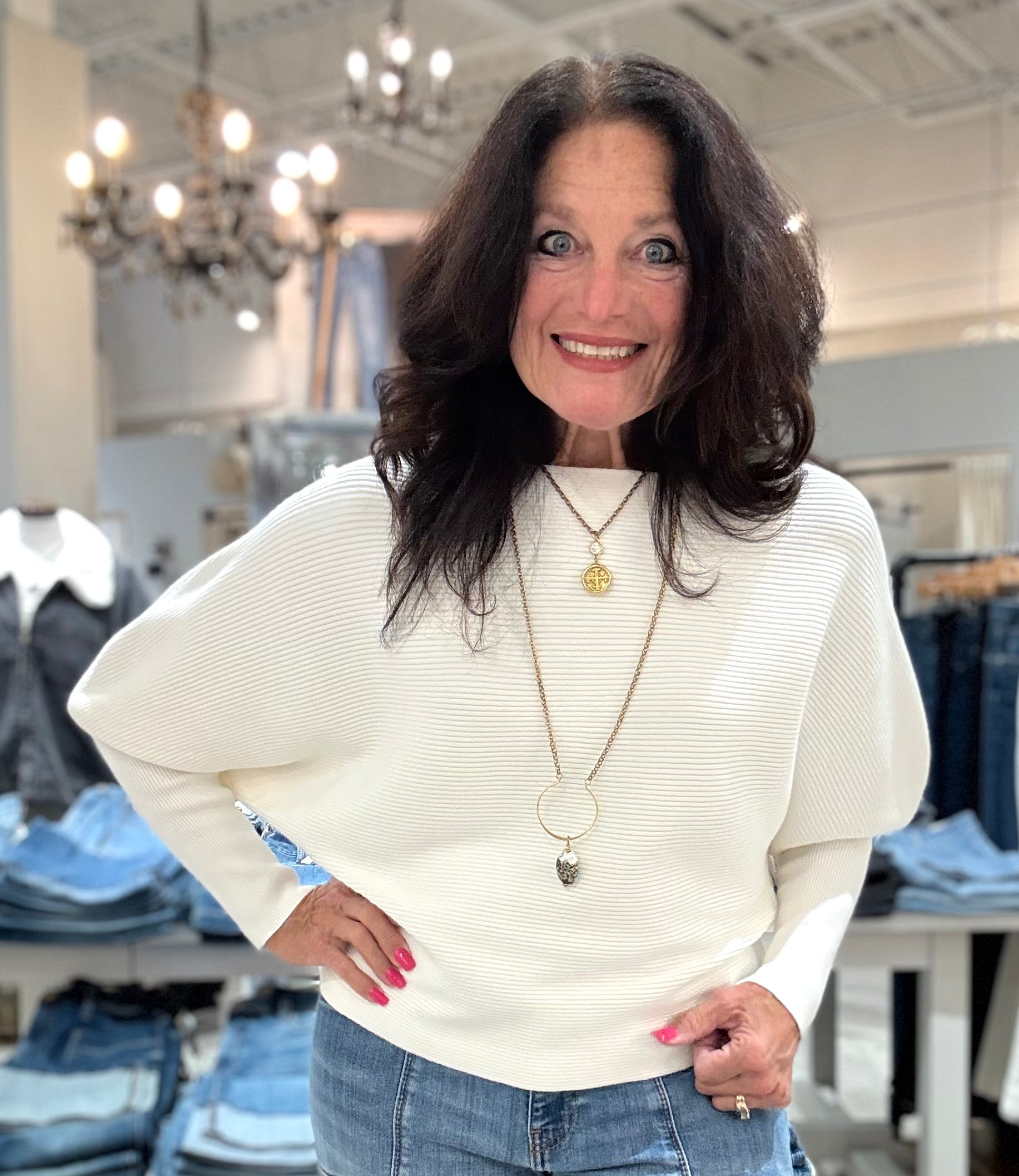 Long Sleeve Boat Neck Dolman Sweater-white