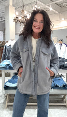 Button Down Jacket with Faux Suede Fabric and Pockets- cloud