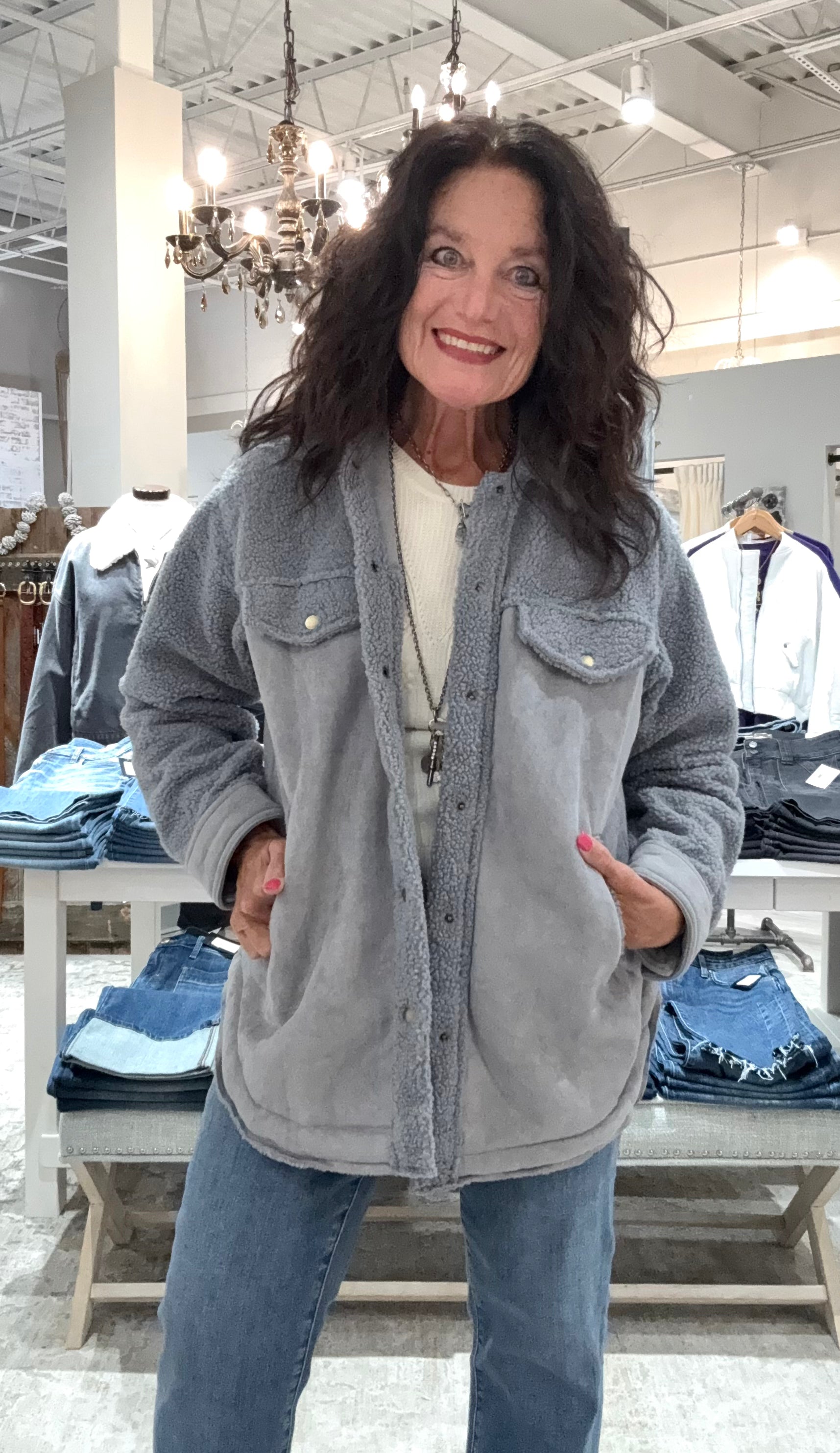 Button Down Jacket with Faux Suede Fabric and Pockets- cloud