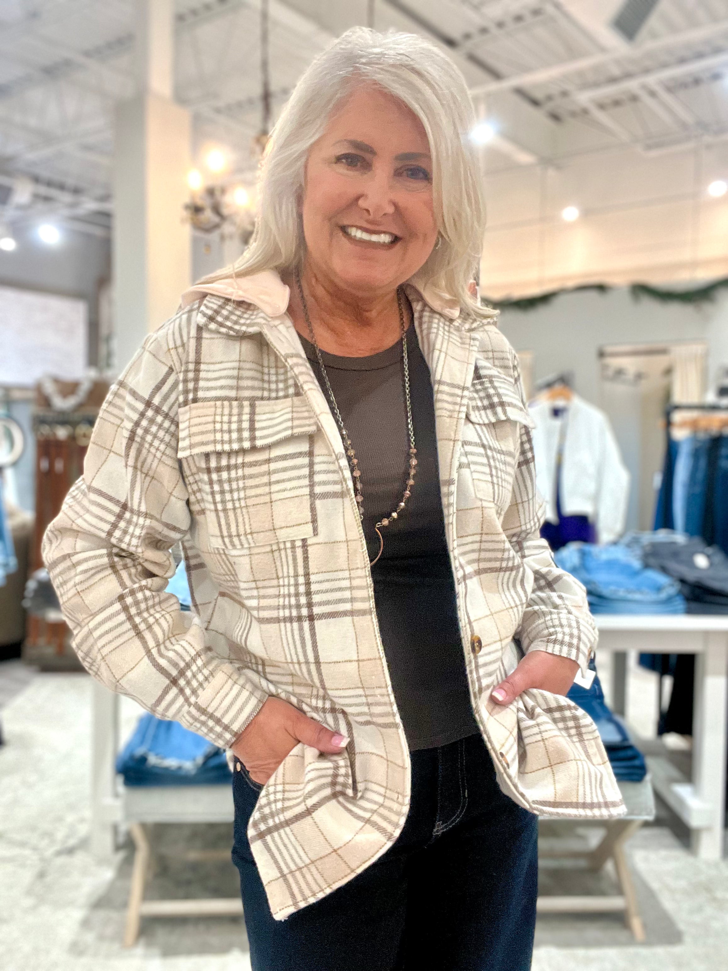 Khaki Plaid Buttoned Shacket with Removable Hood