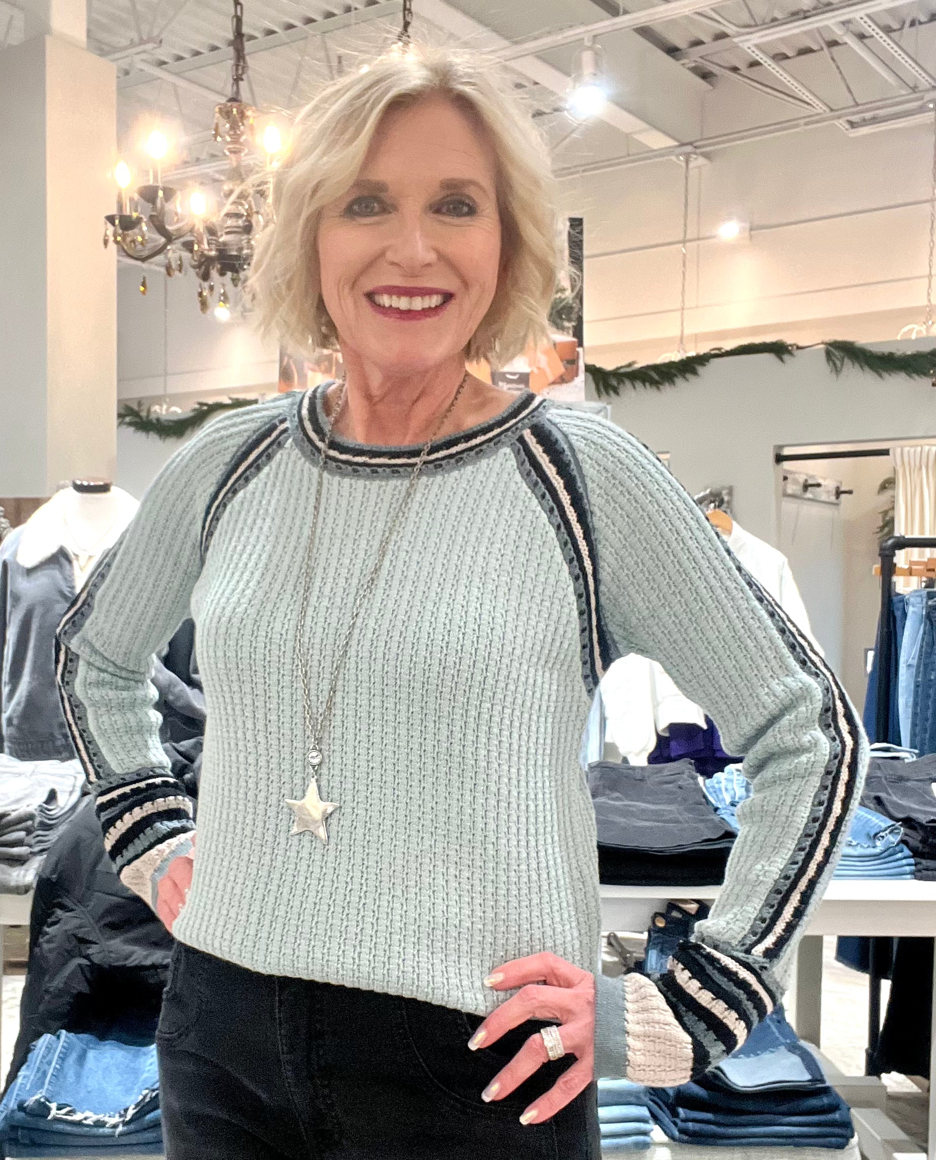 Raglan and Sleeve Trim Detail Sweater- seafoam