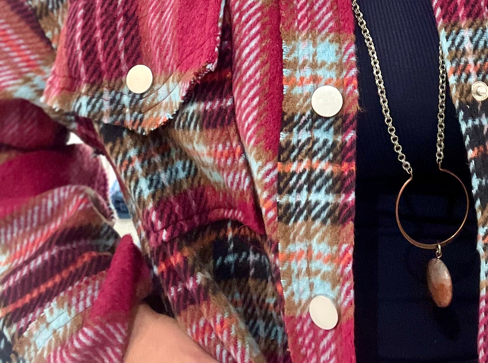 Loose Fit Snap Button Plaid Jacket with Pockets- plum