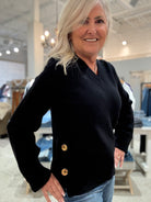 Wide Cuff V-Neck Sweater With Side Buttons