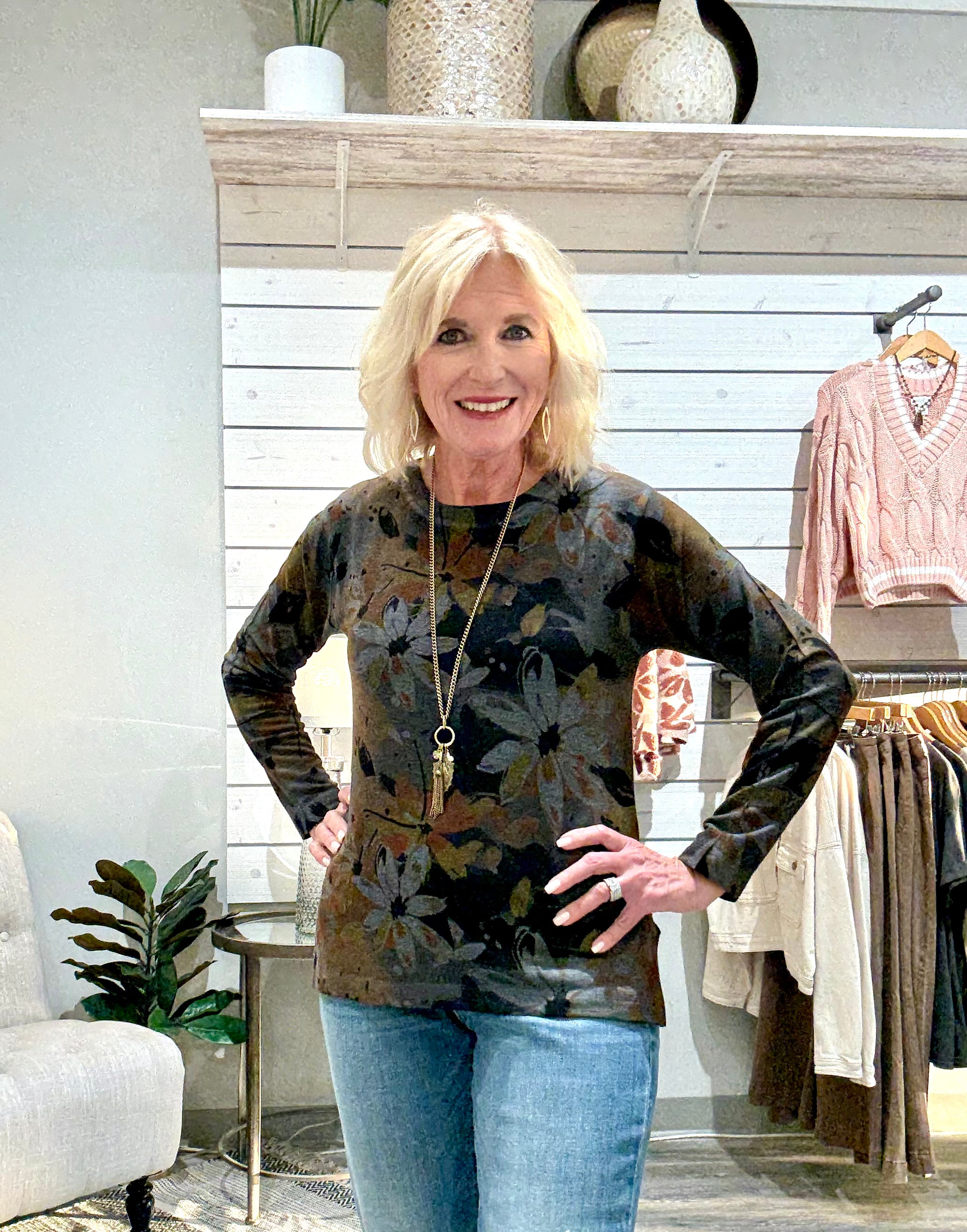 Long Sleeve Big Floral Printed Crew Neck Top