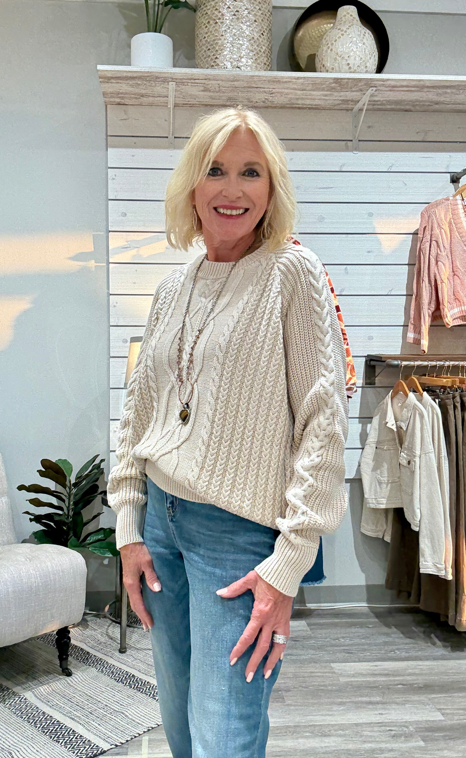 Washed Cable Sweater- almond