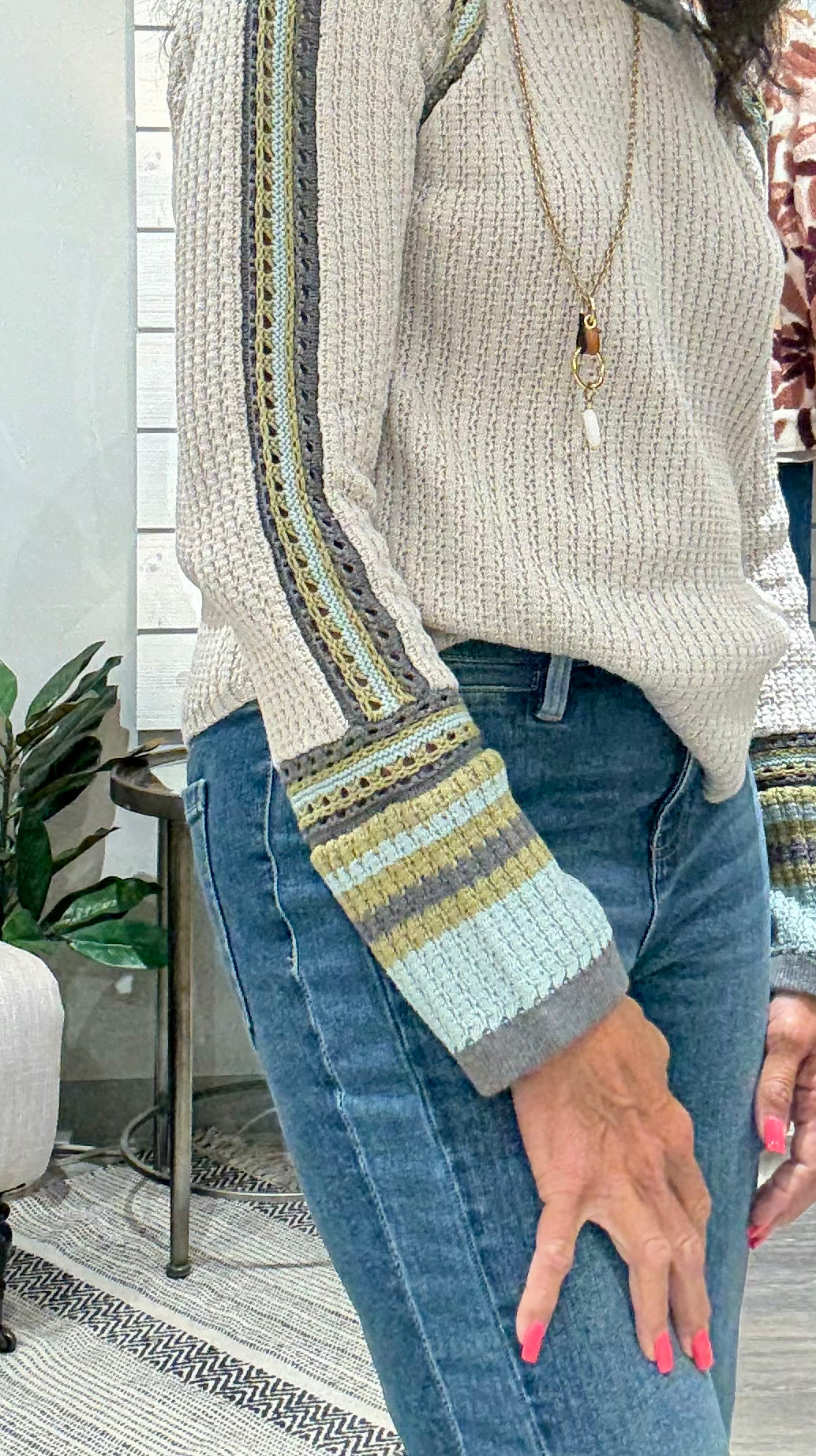 Raglan and Sleeve Trim Detail Sweater-stone