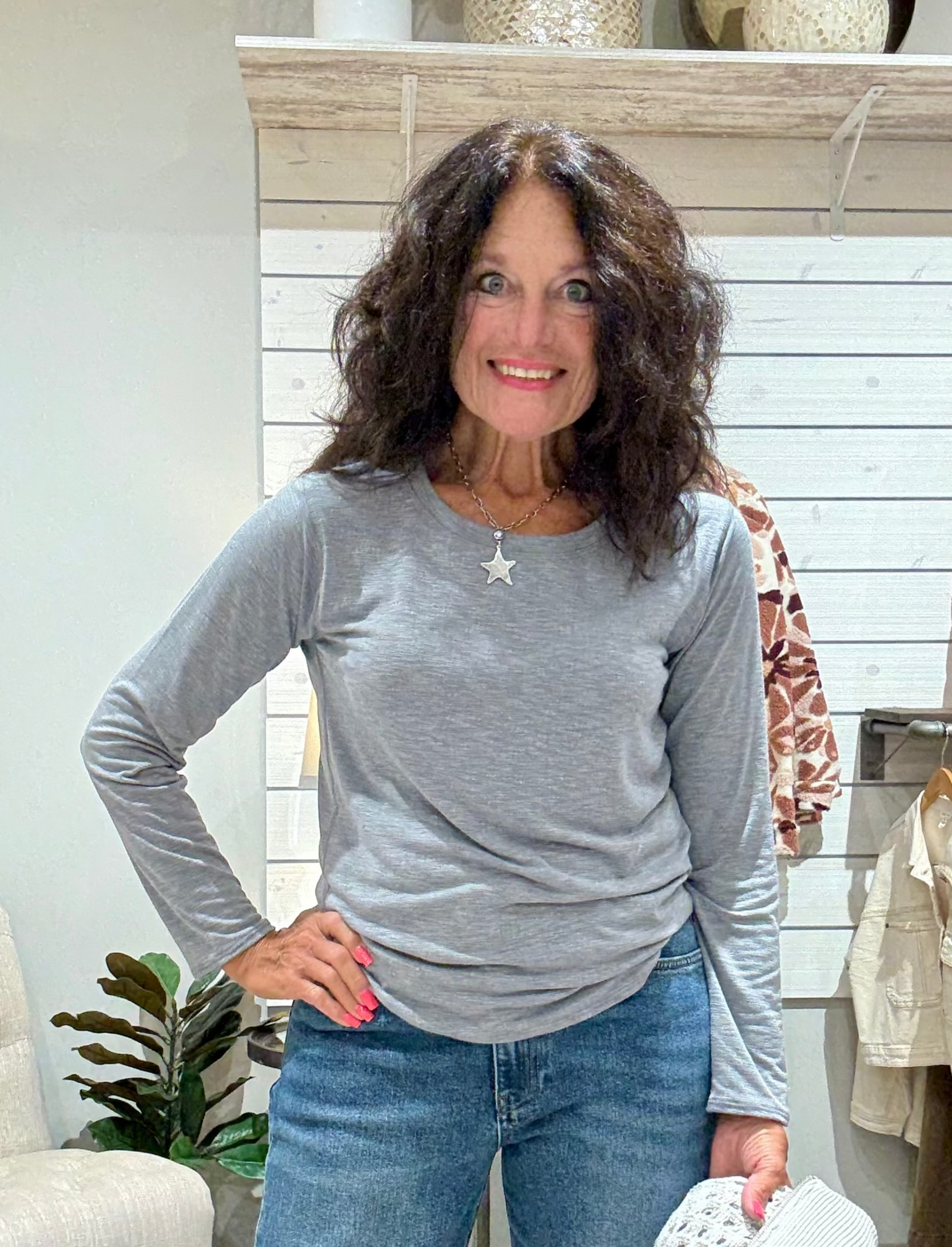 Crew Neck Long Sleeve Top- grey