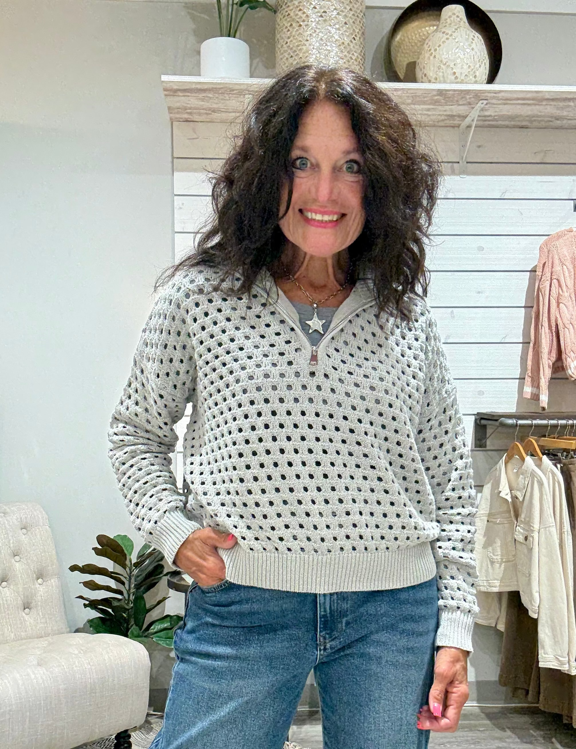 Open Knit 1/2 Zip Pullover Sweater