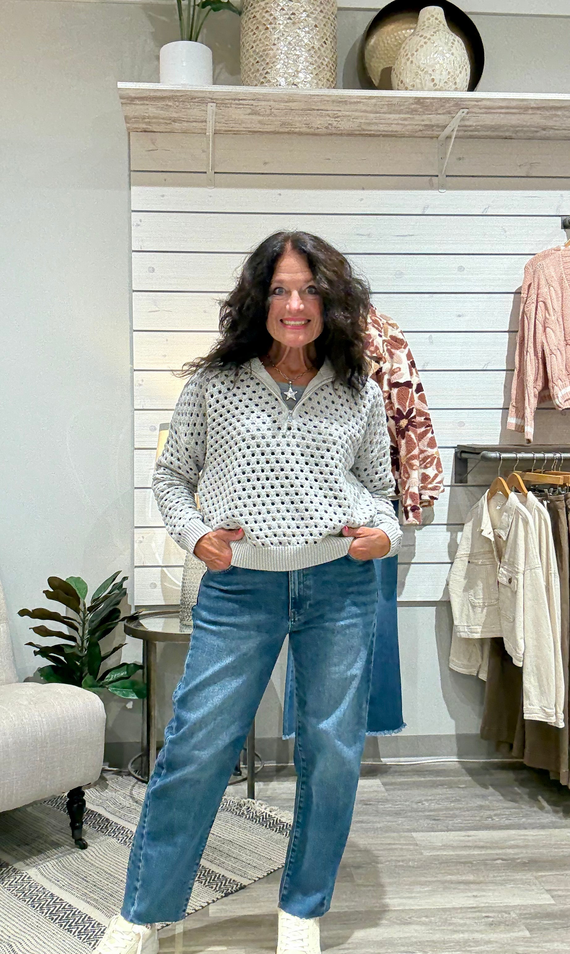 Open Knit 1/2 Zip Pullover Sweater