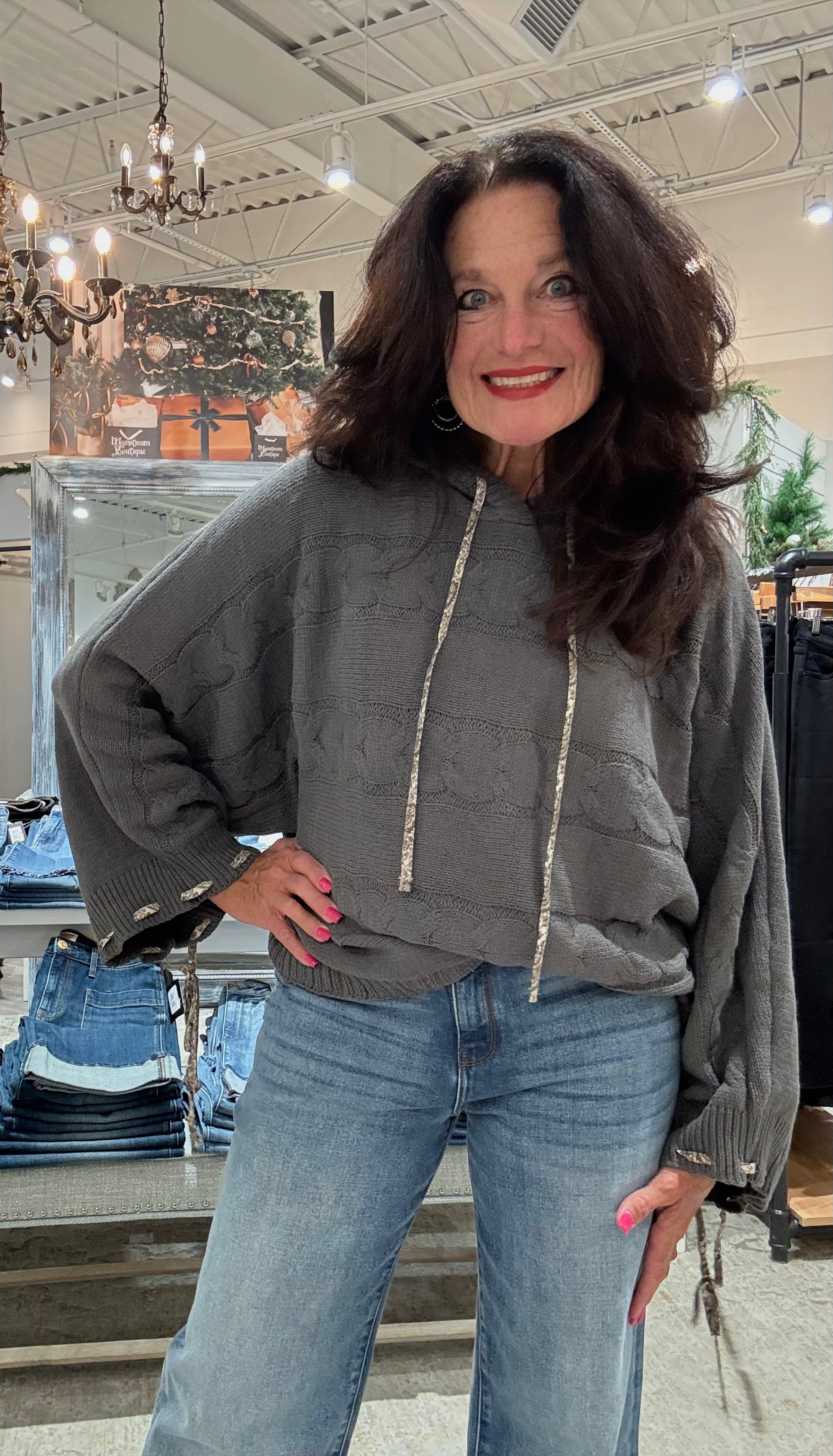 Pullover Balloon Sleeve Sweater with Hood-charcoal