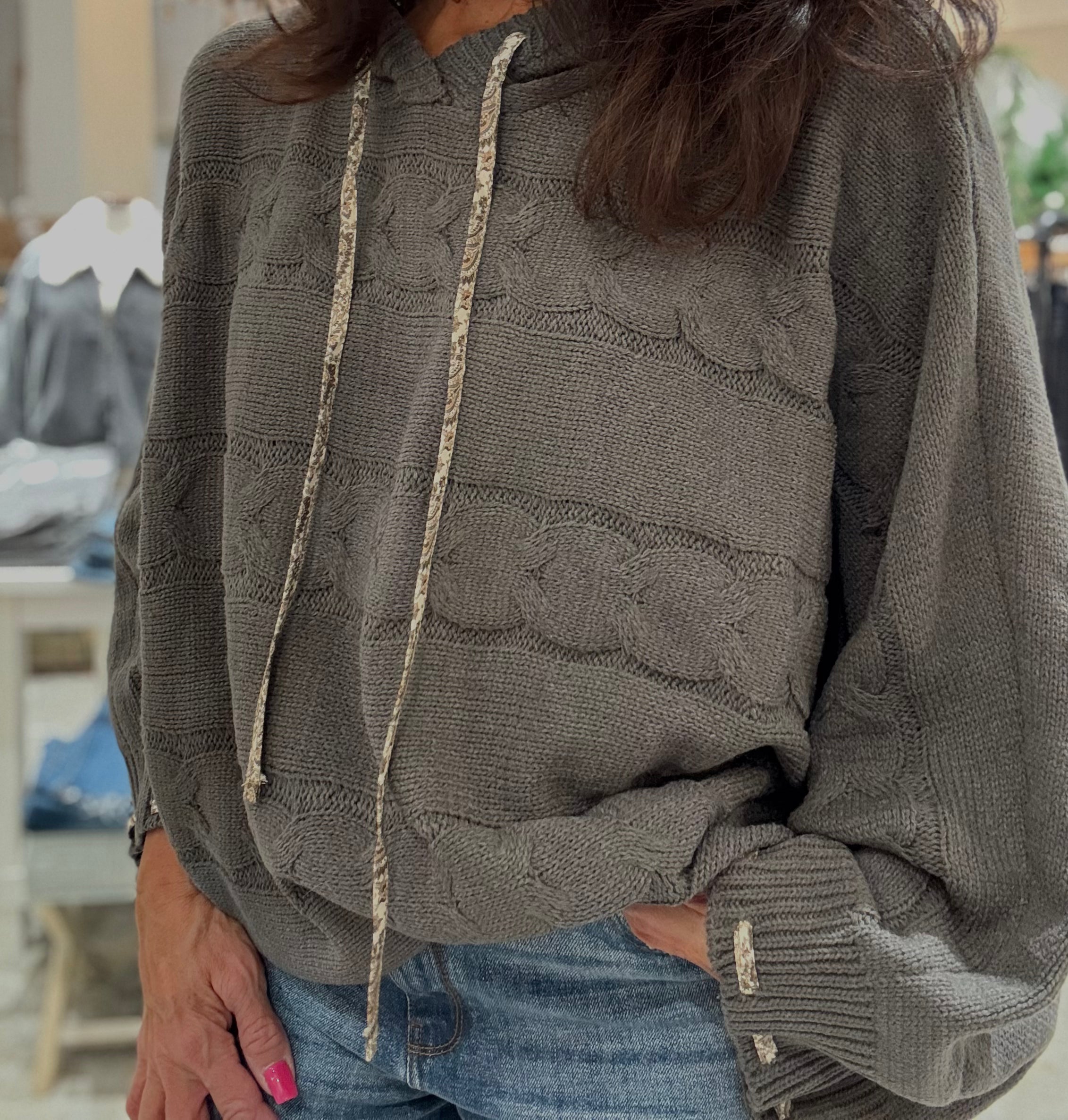 Pullover Balloon Sleeve Sweater with Hood-charcoal