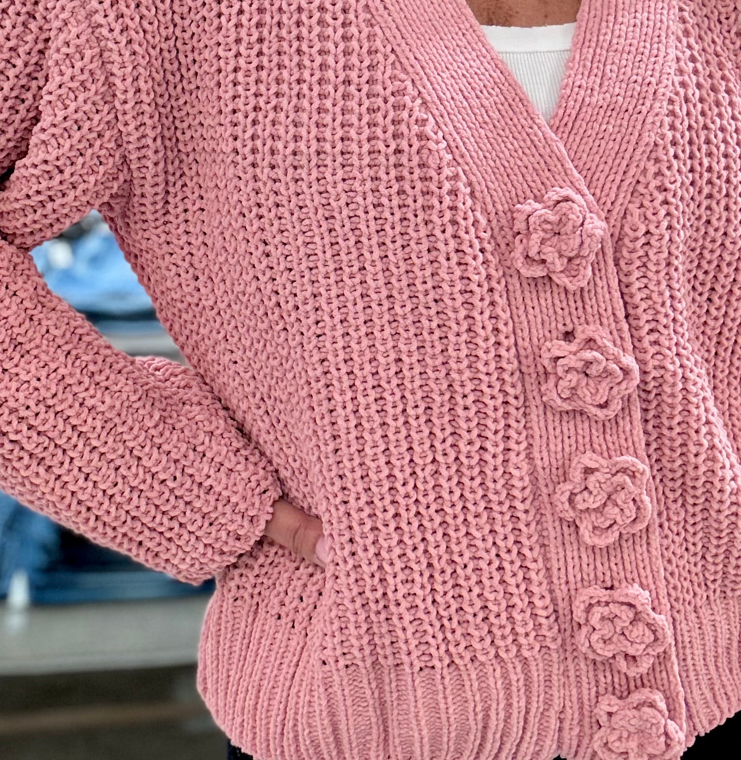 V-Neck Chenille Cardigan with Flower Buttons-pink