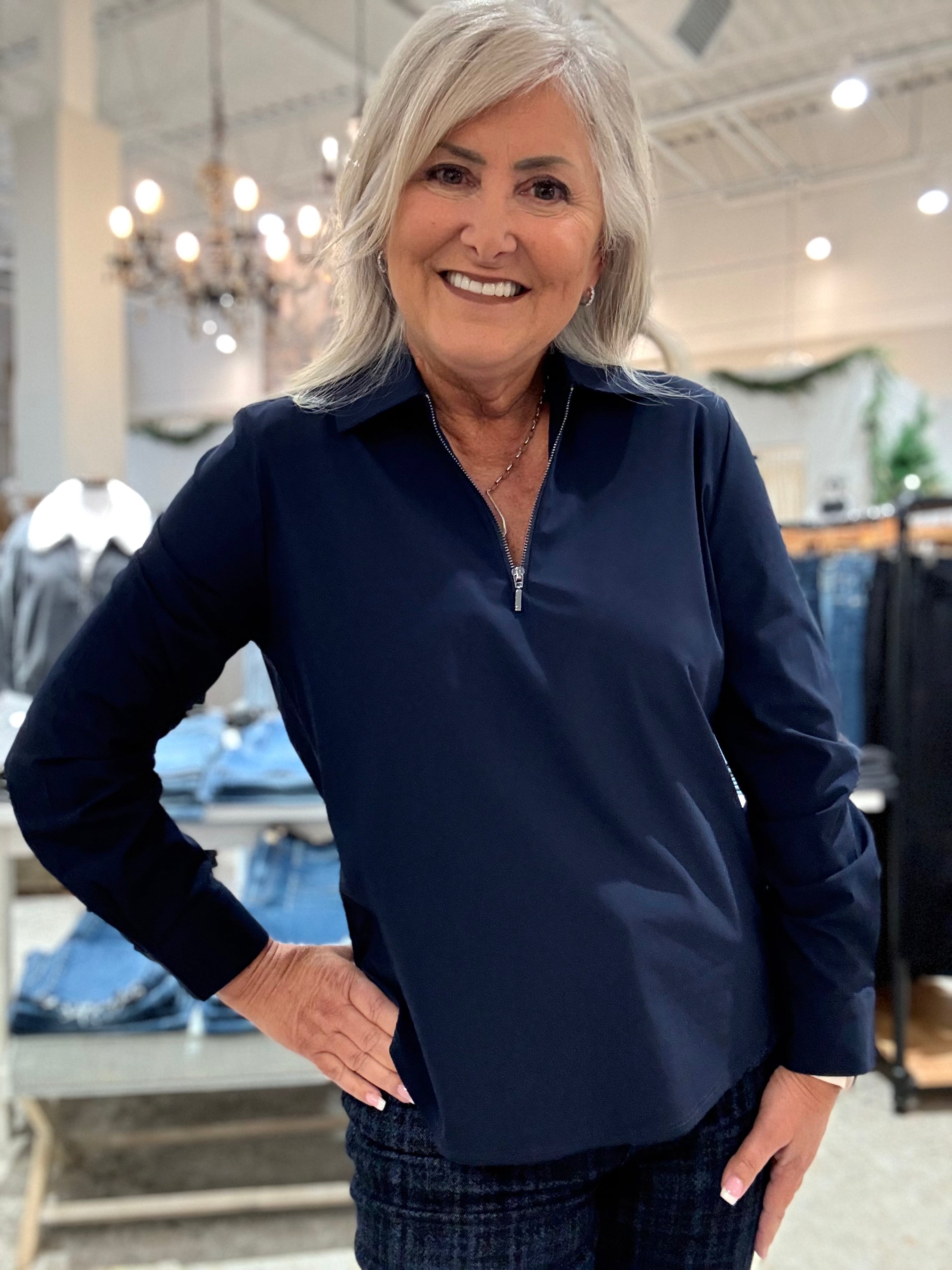 Long Sleeve Collared Zip Front Knit Shirt- navy