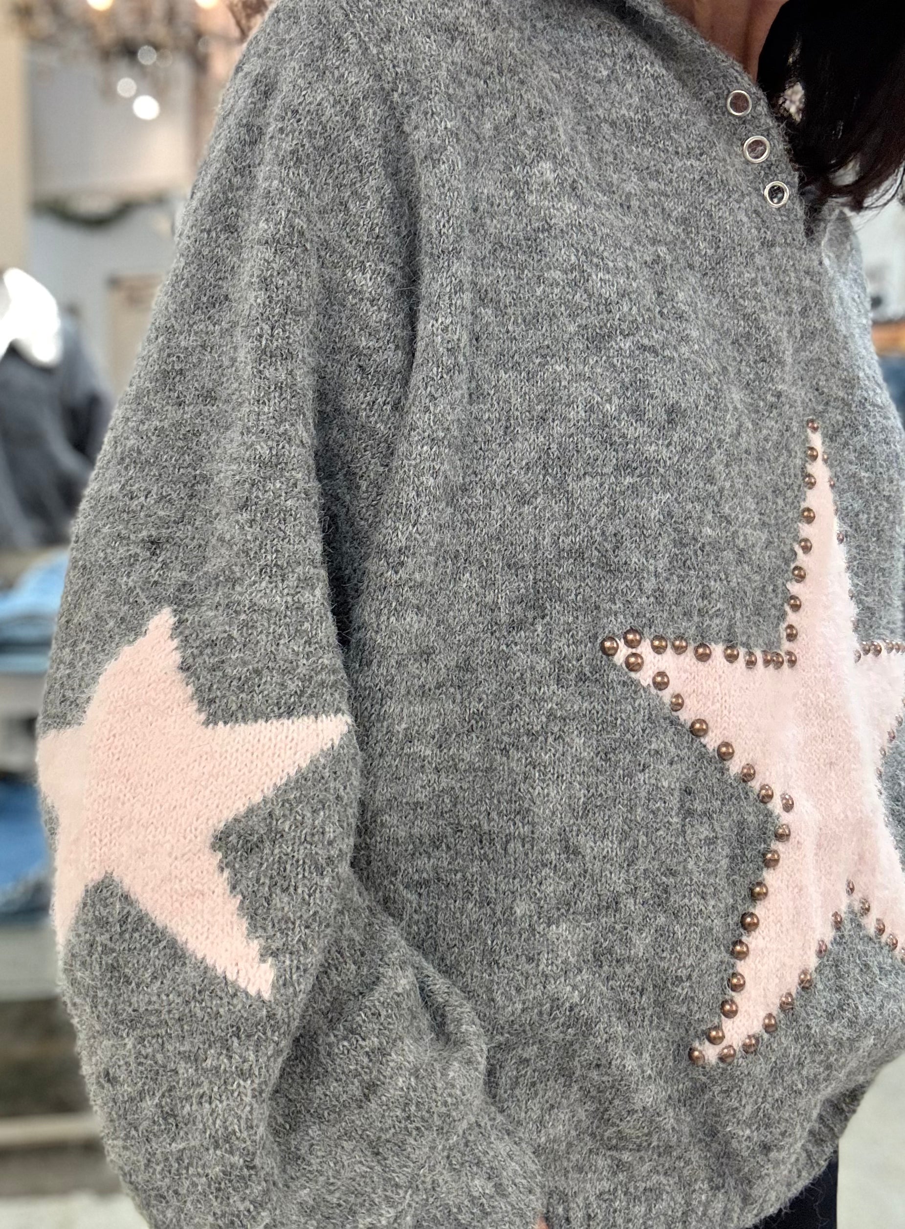 Oversized Star Knit Sweater with Grommet Detail