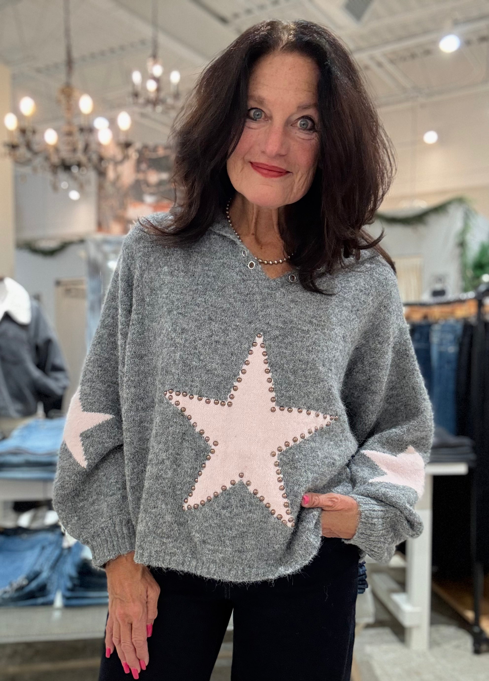 Oversized Star Knit Sweater with Grommet Detail