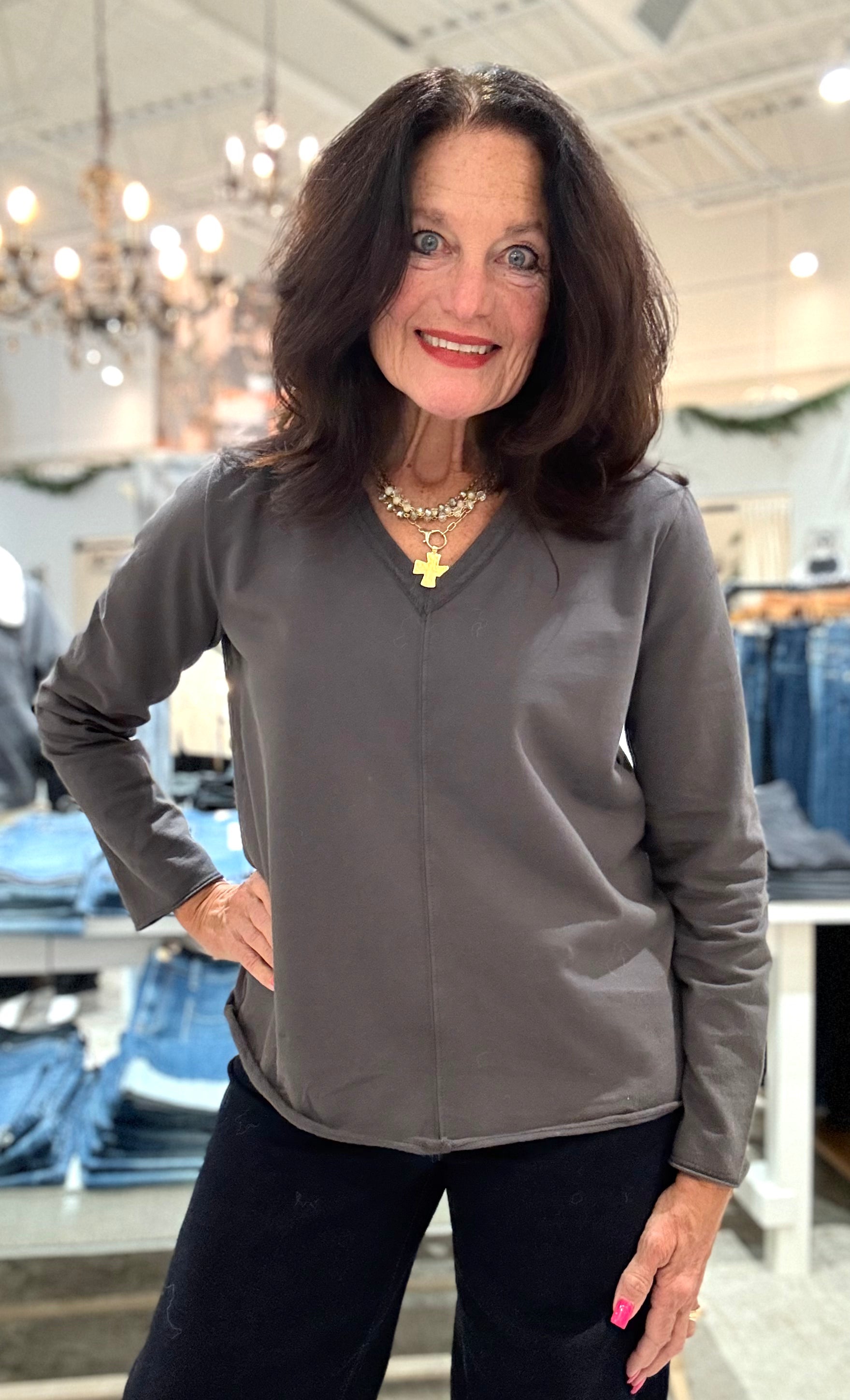 Long Sleeve V-Neck Pullover with Raw Edge-graphite