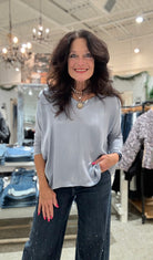 Long Sleeve V-Neck Silk Top- Grigio