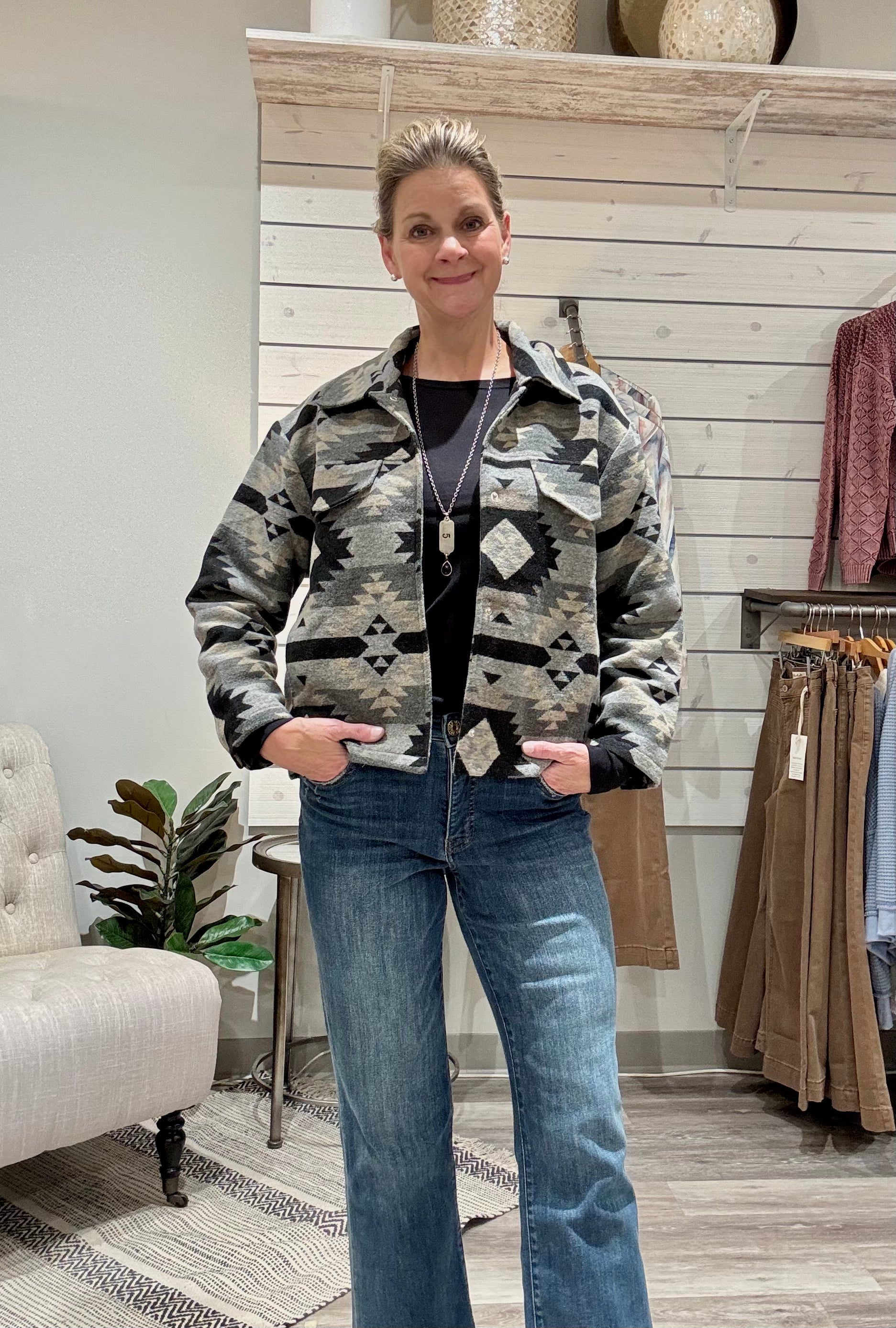 Aztec Print Jacket with Pockets & Hidden Buttons