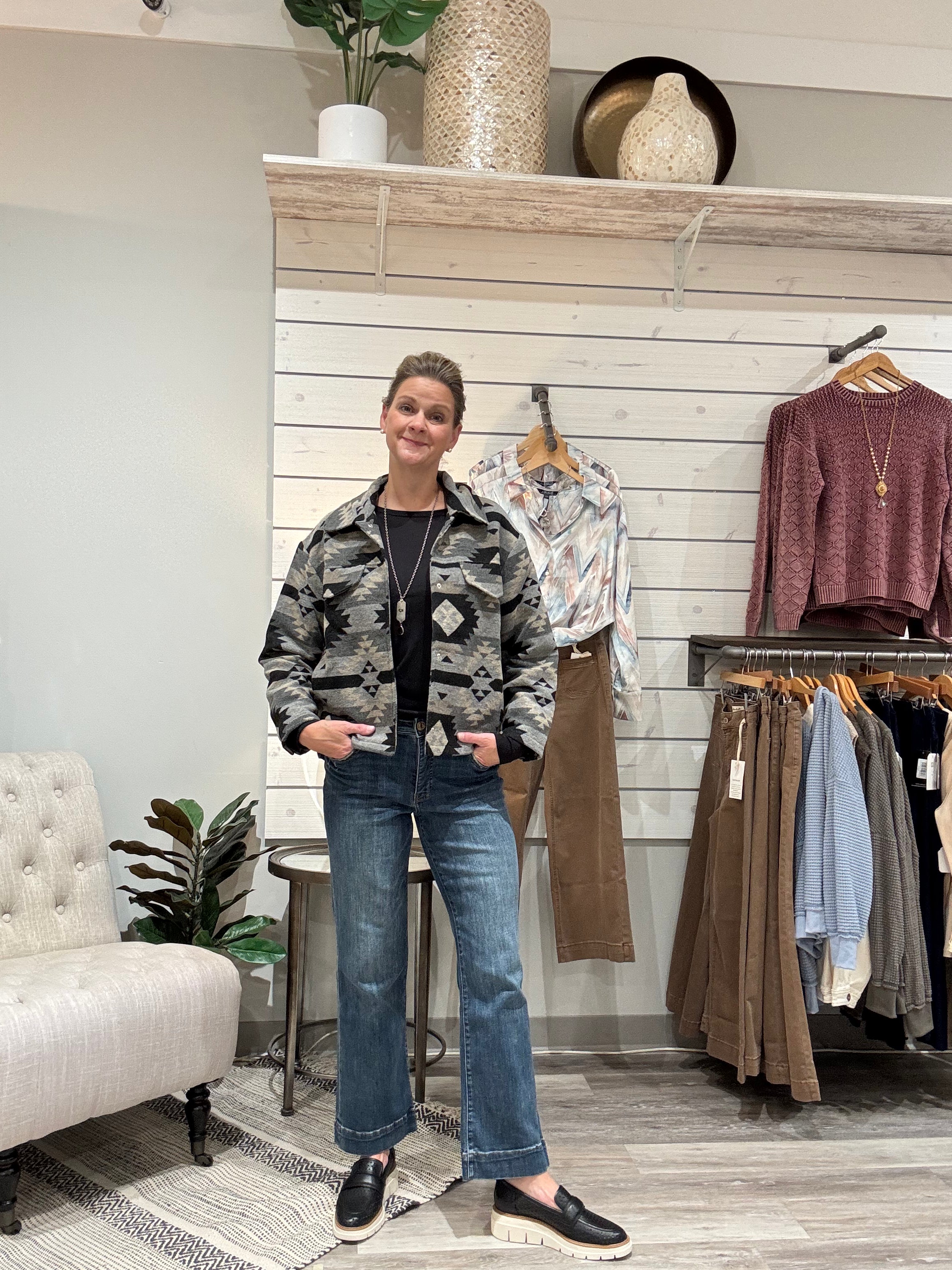 Aztec Print Jacket with Pockets & Hidden Buttons