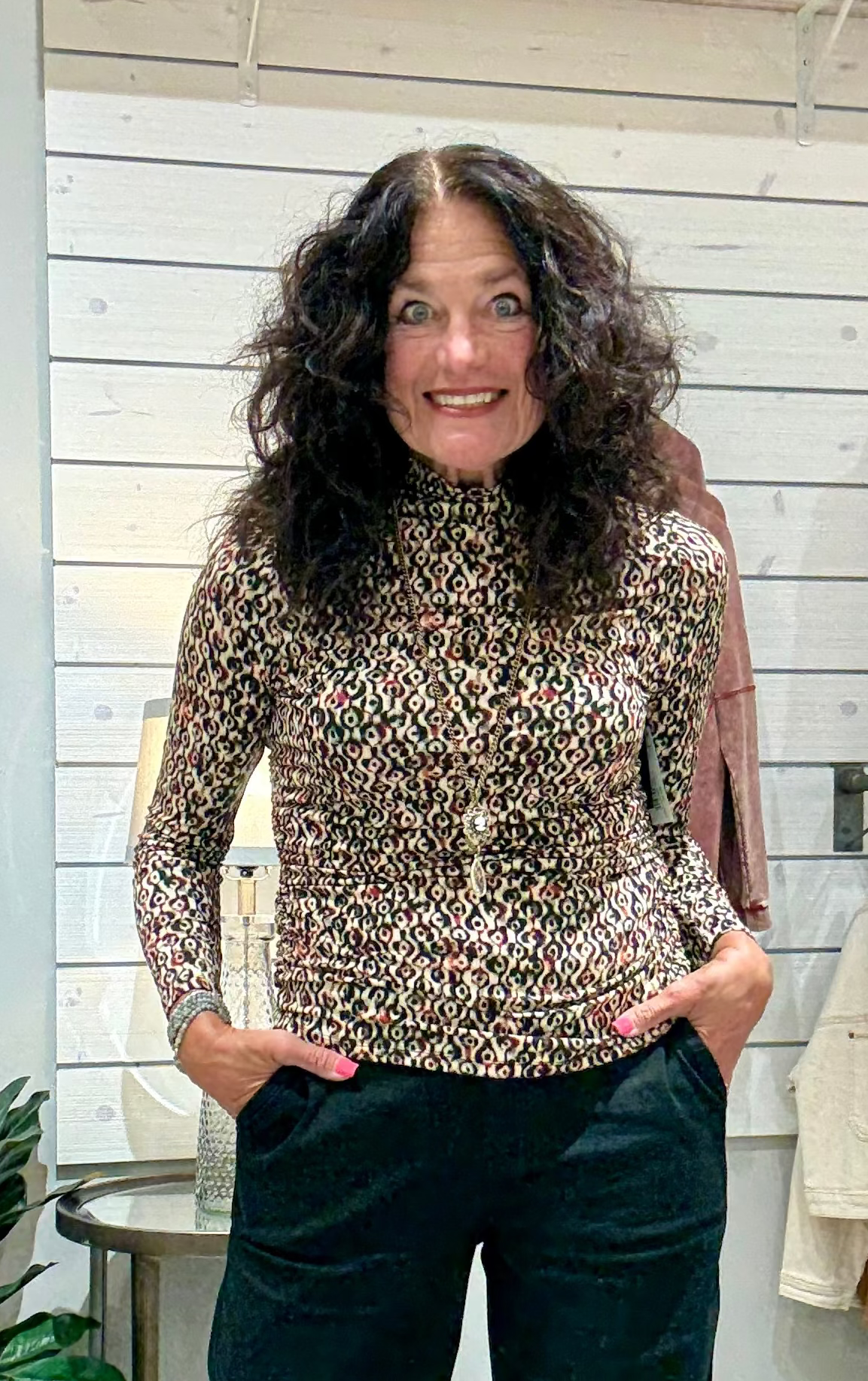 Long Sleeve Mock Neck Knit Top with Shirring