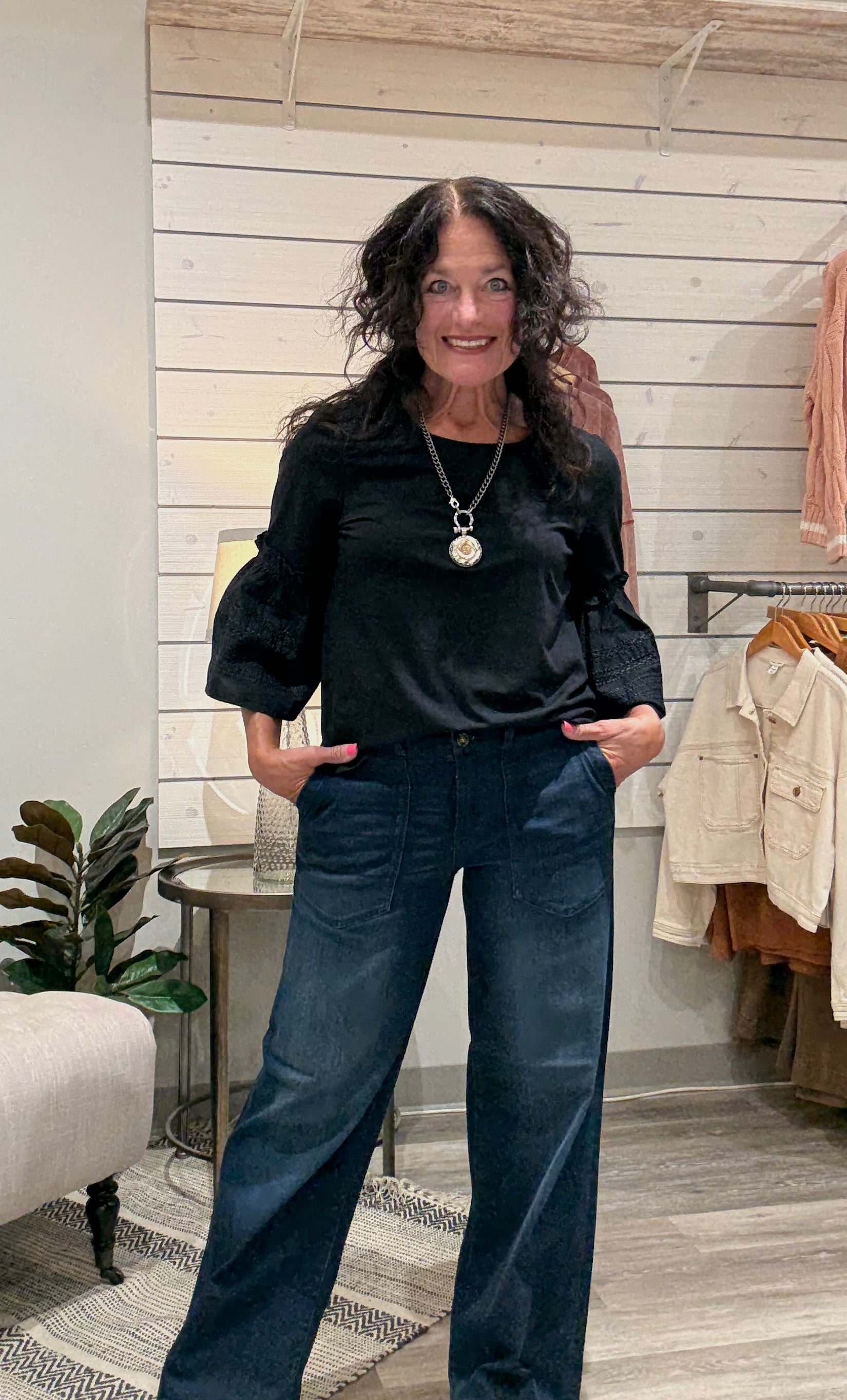 Embroidered 3/4 Sleeve Knit Woven Top