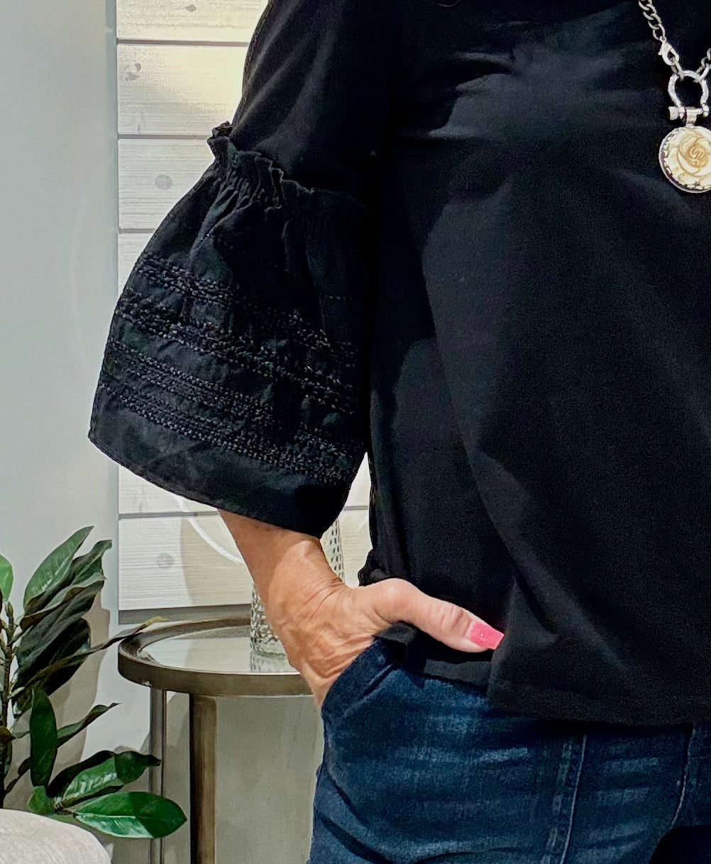 Embroidered 3/4 Sleeve Knit Woven Top