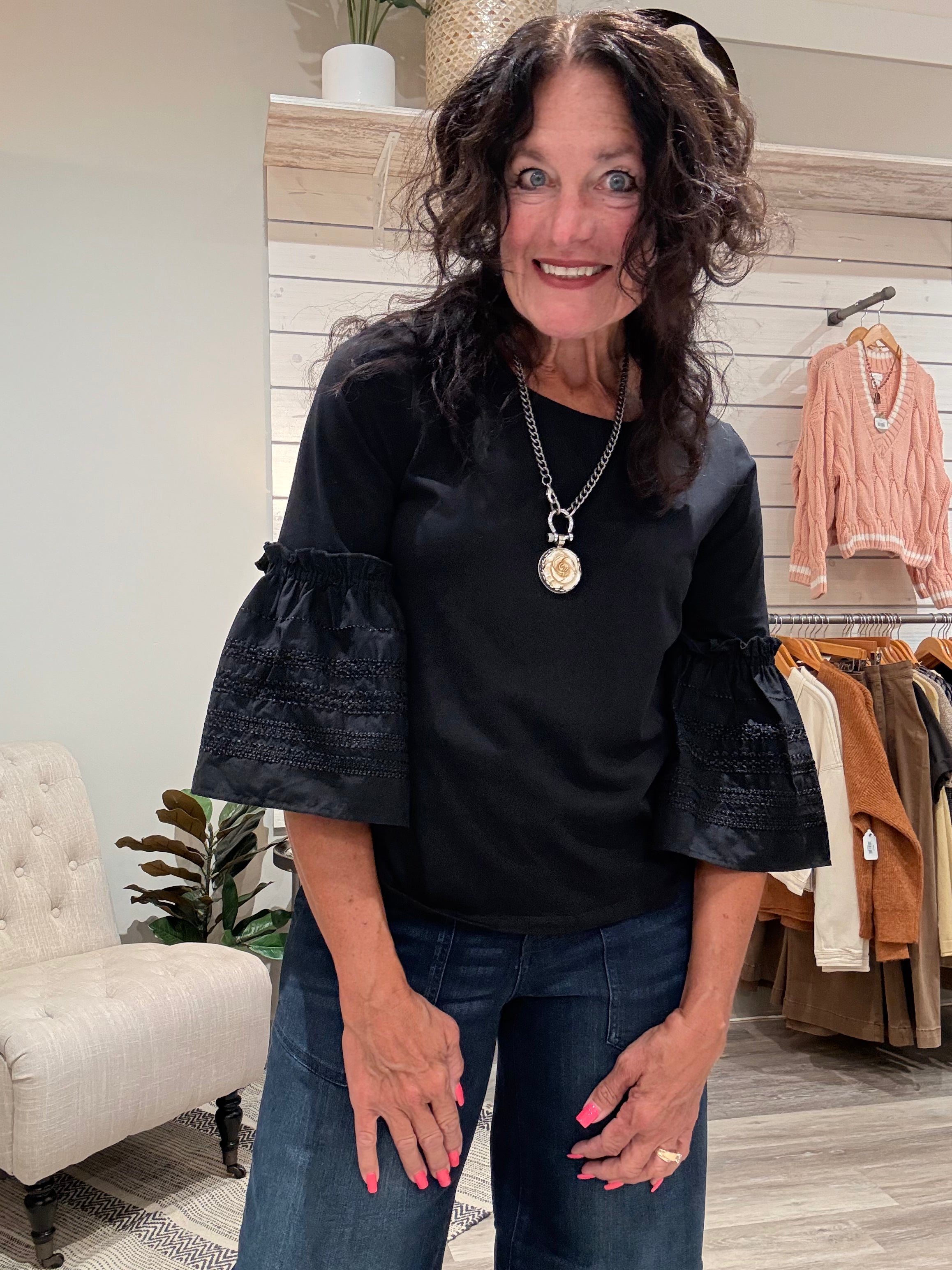 Embroidered 3/4 Sleeve Knit Woven Top