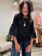 Embroidered 3/4 Sleeve Knit Woven Top