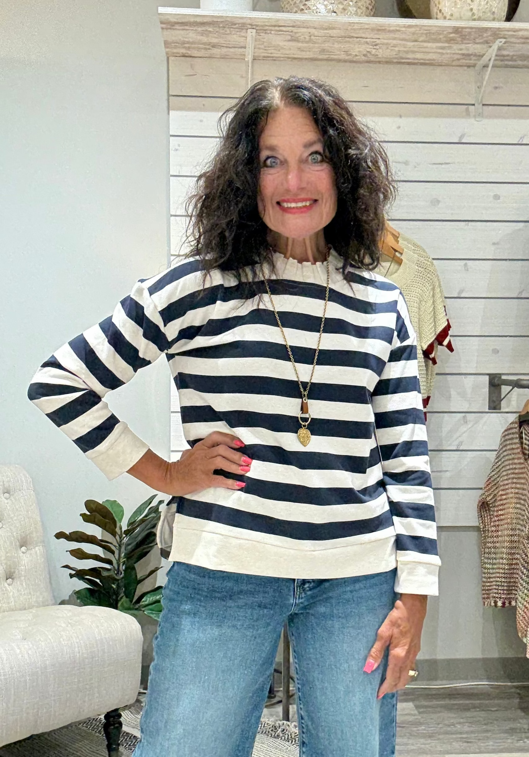 Long Sleeve Crew Neck Top with Rib Detail