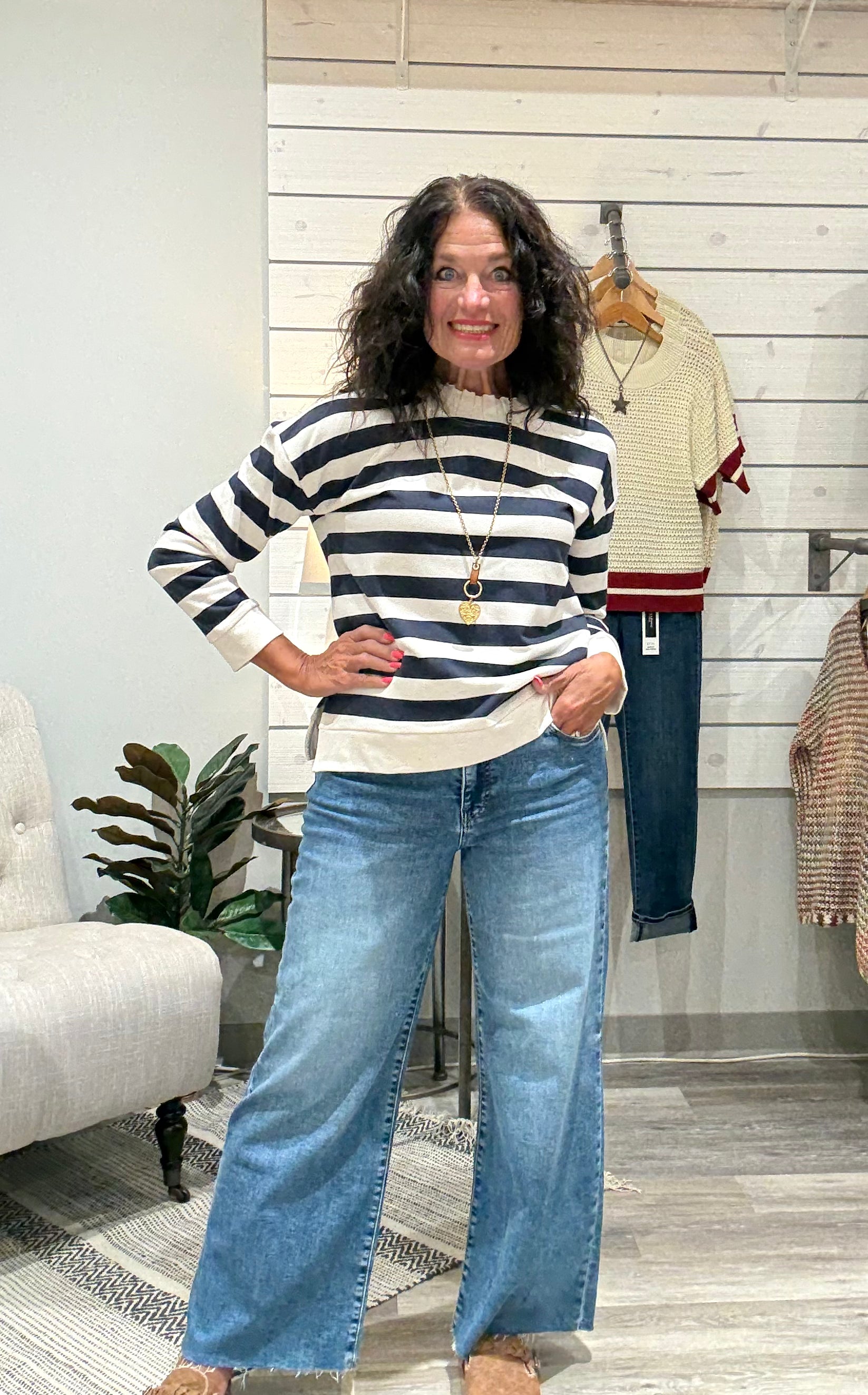 Long Sleeve Crew Neck Top with Rib Detail